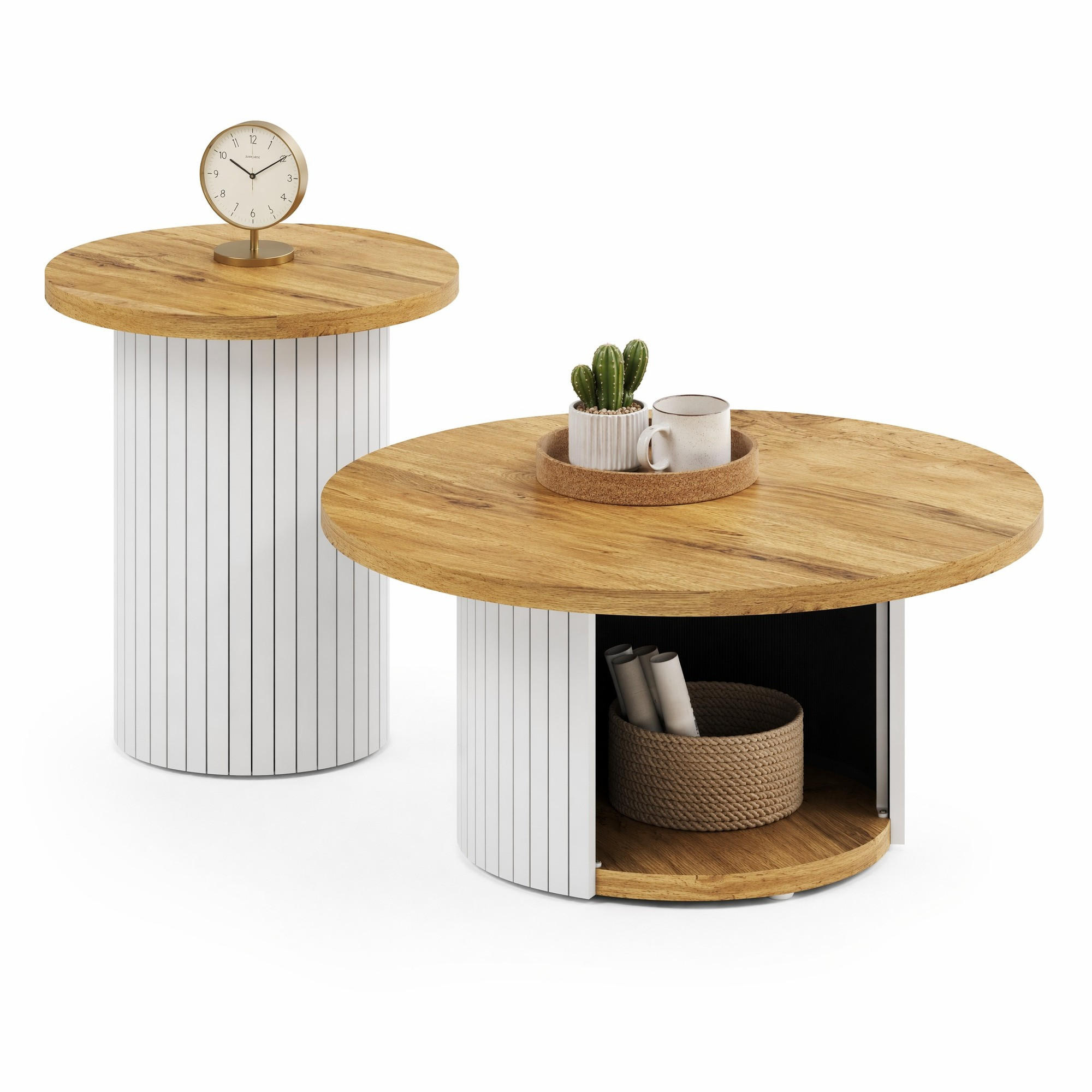 COUCHTISCH SET in Naturfarben mit 2 runden Tischen und Stauraum für Wohnzimmer, B75/T75/H50cm und B45/T45/H35cm - Weiß/Naturfarben, Holzwerkstoff (75/75/50cm) - STILVORA