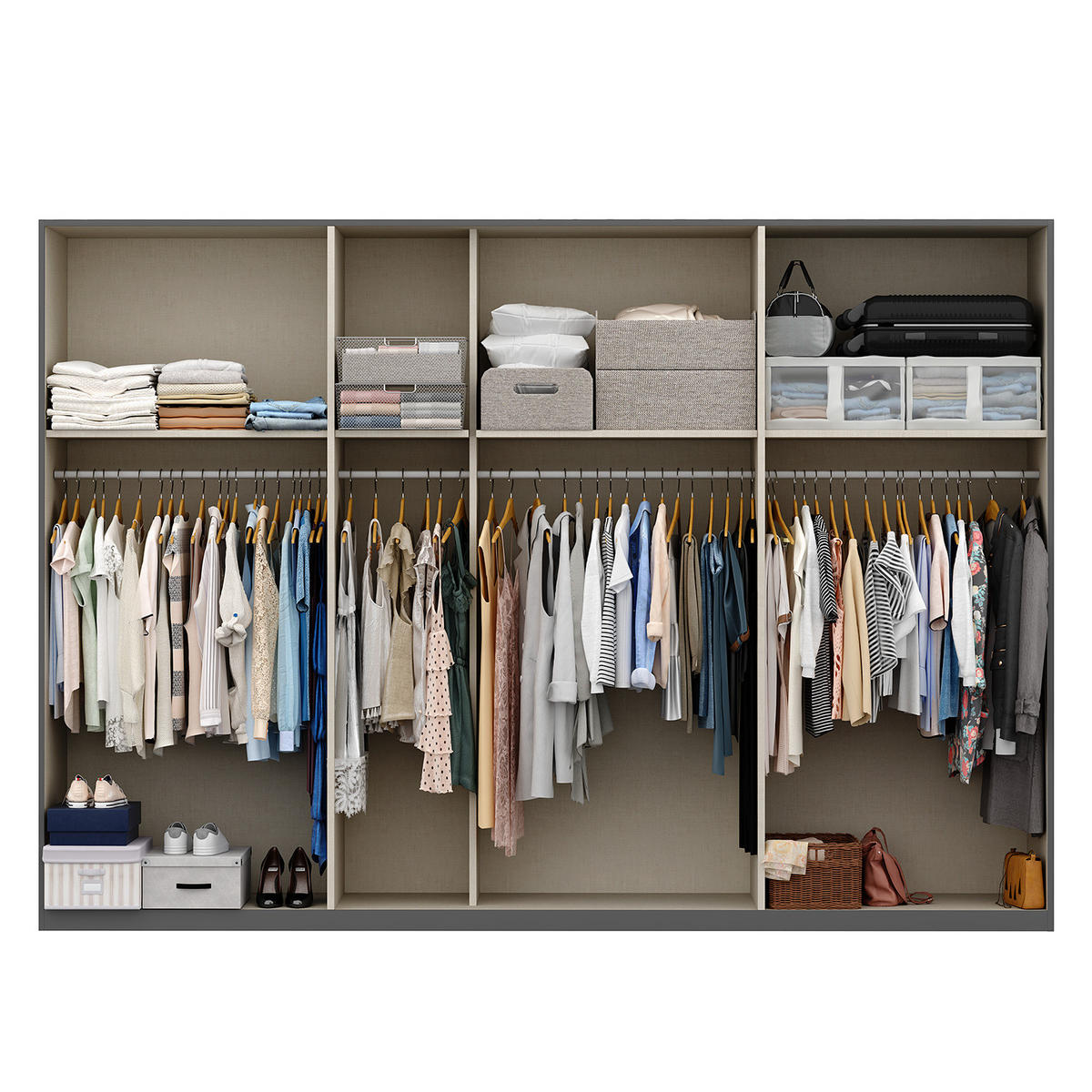 SCHWEBETÜRENSCHRANK - Weiß Hochglanz/Grau, Holzwerkstoff (315/236/68cm) - home24