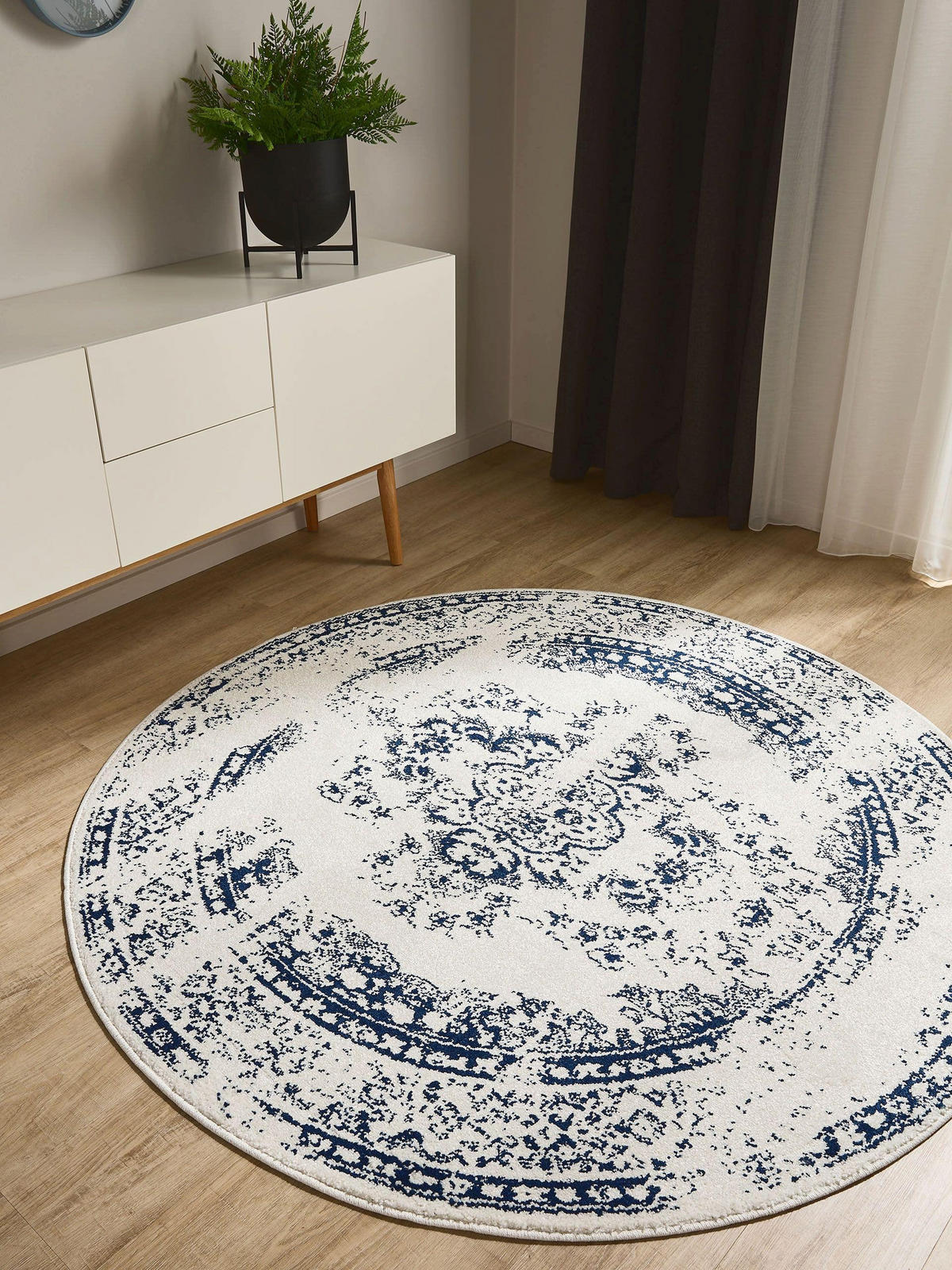 VINTAGE-TEPPICH Sia ø 160 cm rund - Blau/Creme, Kunststoff (160/160cm) - benuta