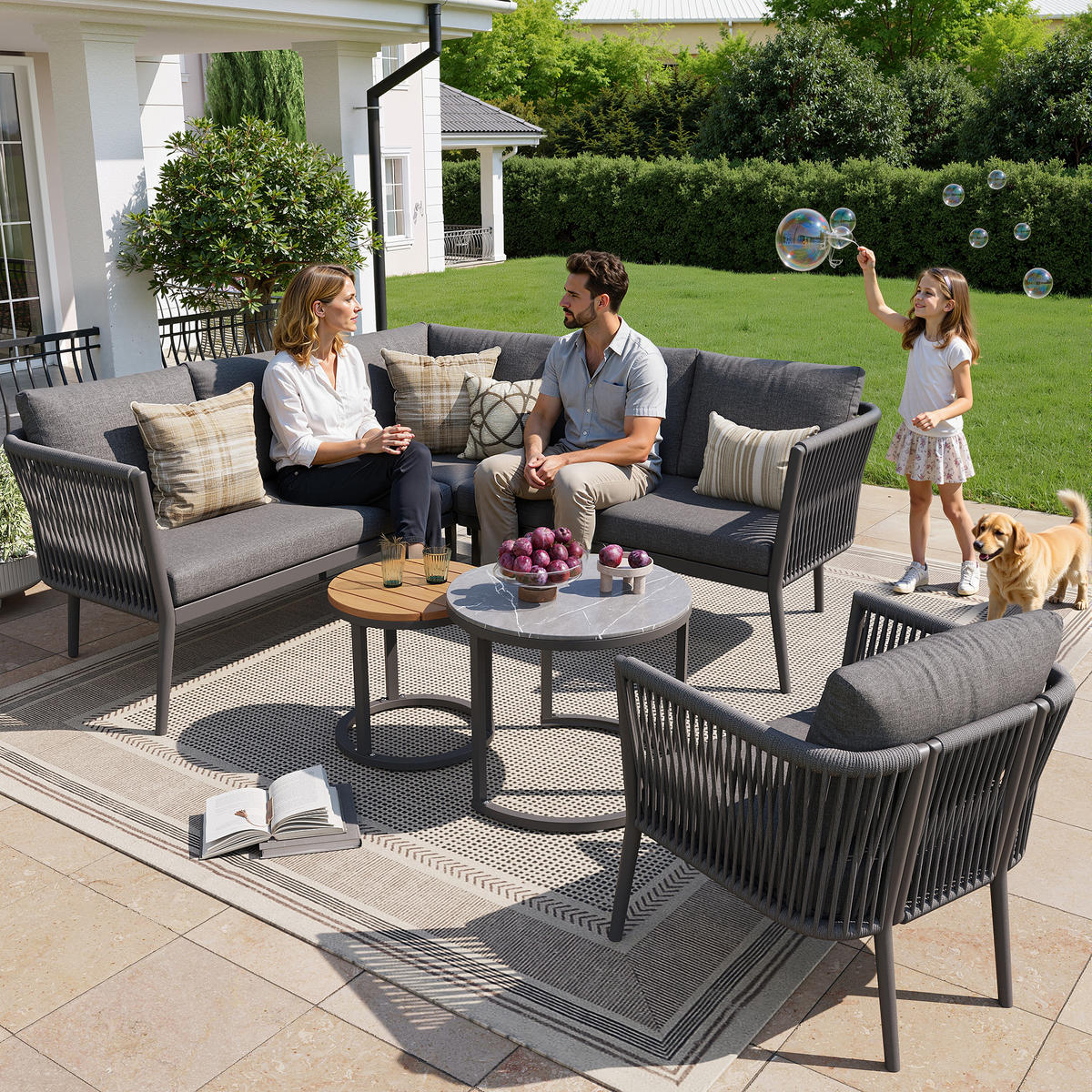 LOUNGESET Modular 5-6 Personen Grau 6-tlg. PE-Rattan - Grau, Metall - FLIEKS