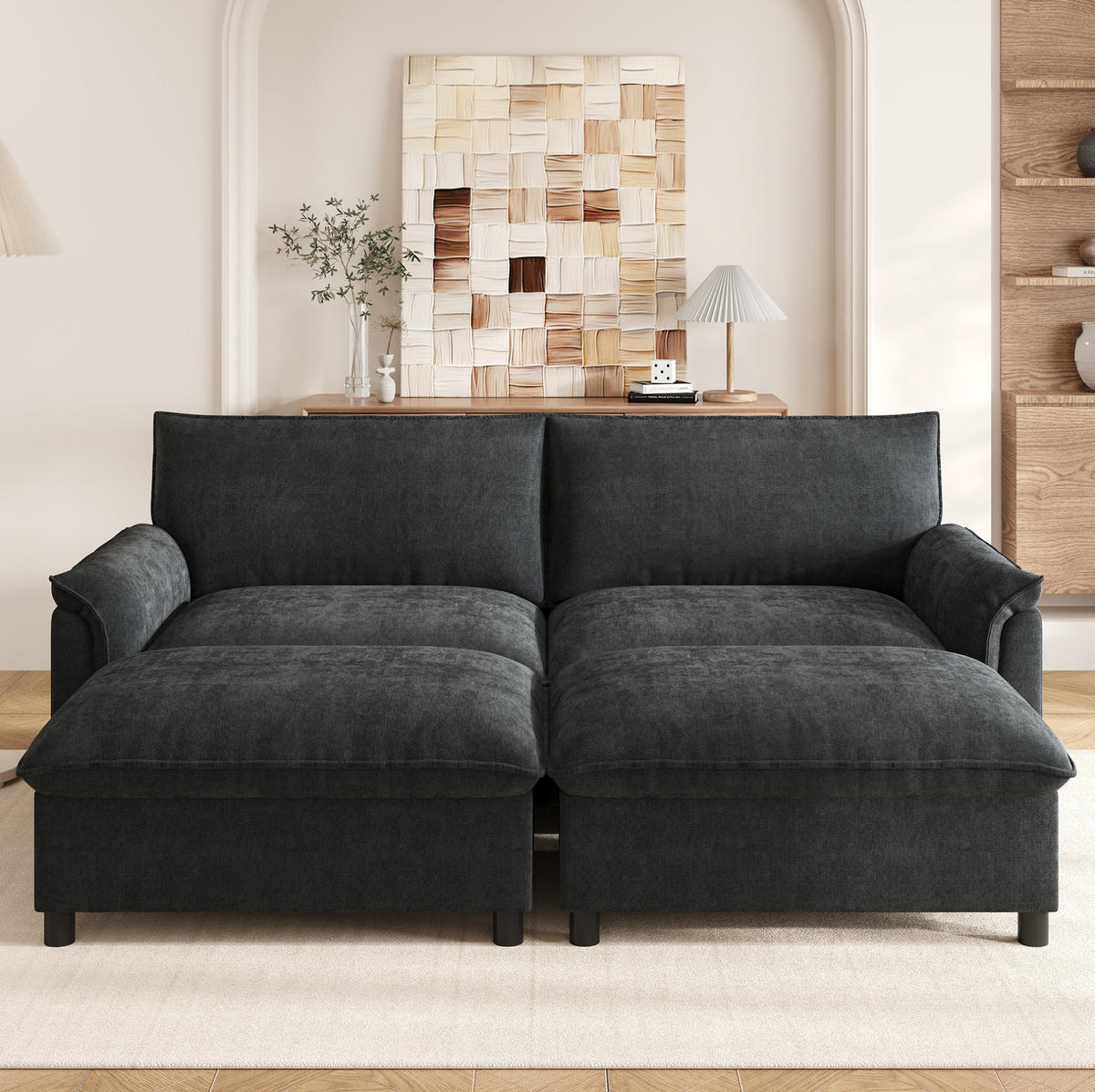 SOFA mit Fußhocker und Stauraum 216 x 77 x 82 cm Chenille Schwarz - Schwarz, Holzwerkstoff (77/82/216.1cm) - Meubliv