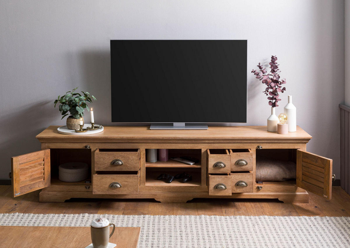 TV-BOARD Mango 220x45x55 beige geölt TOULOUSE #09 - Beige, Holz (220/55/45cm) - Massivmoebel24