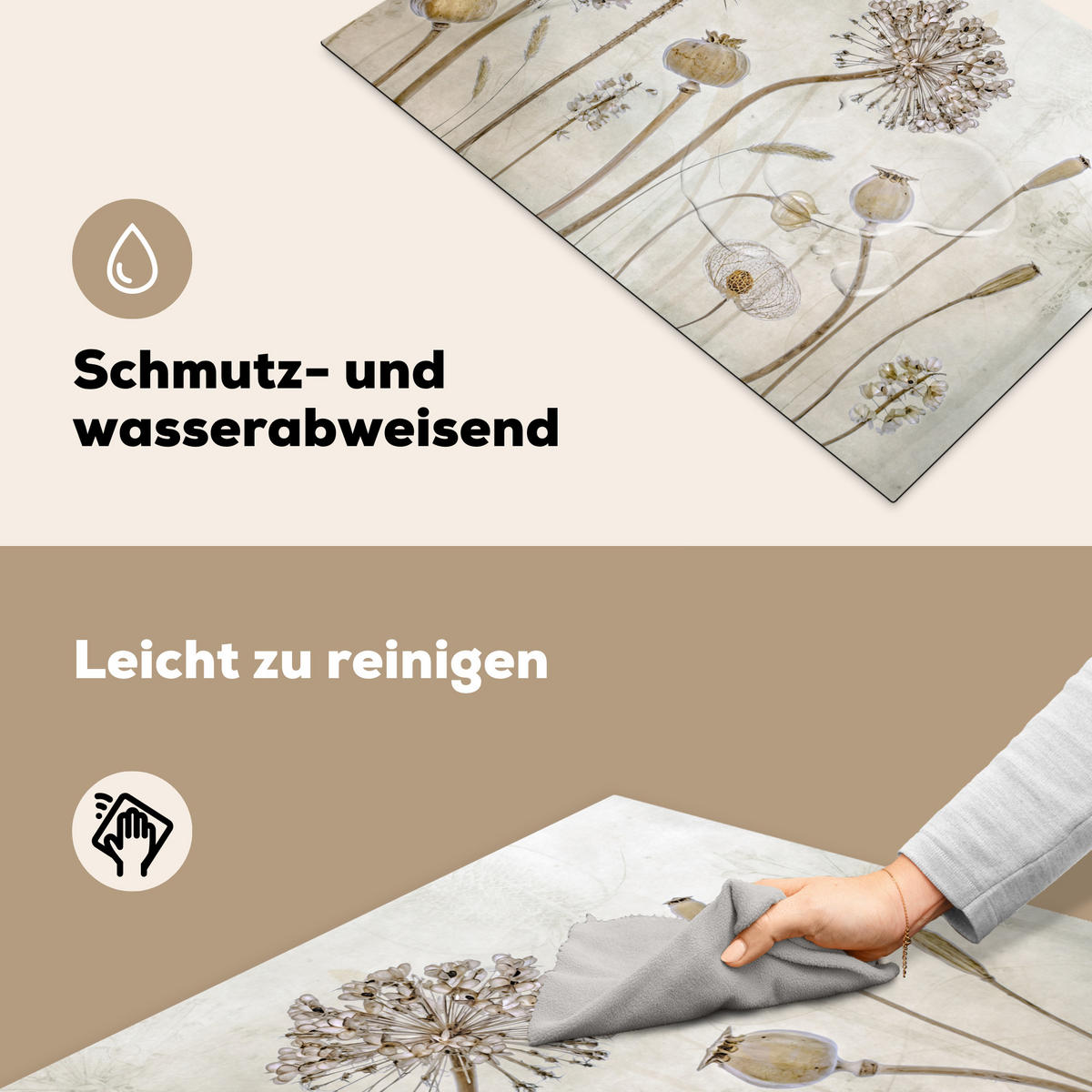 HERDABDECKPLATTE Blumen - Aquarell - Stilleben - Braun - Vintage 78x52 cm - Sandfarben, Kunststoff (78/0.2/52cm) - MuchoWow
