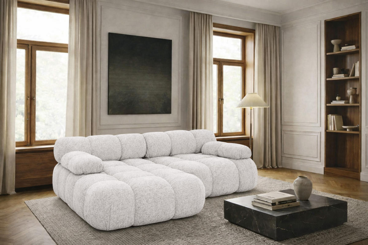 ECKSOFA L-form Mini Modular, Bouclé-Stoff Abriamo, Ecru, Links, Selia - Ecru, Holz (190/160cm) - Kaiser Möbel
