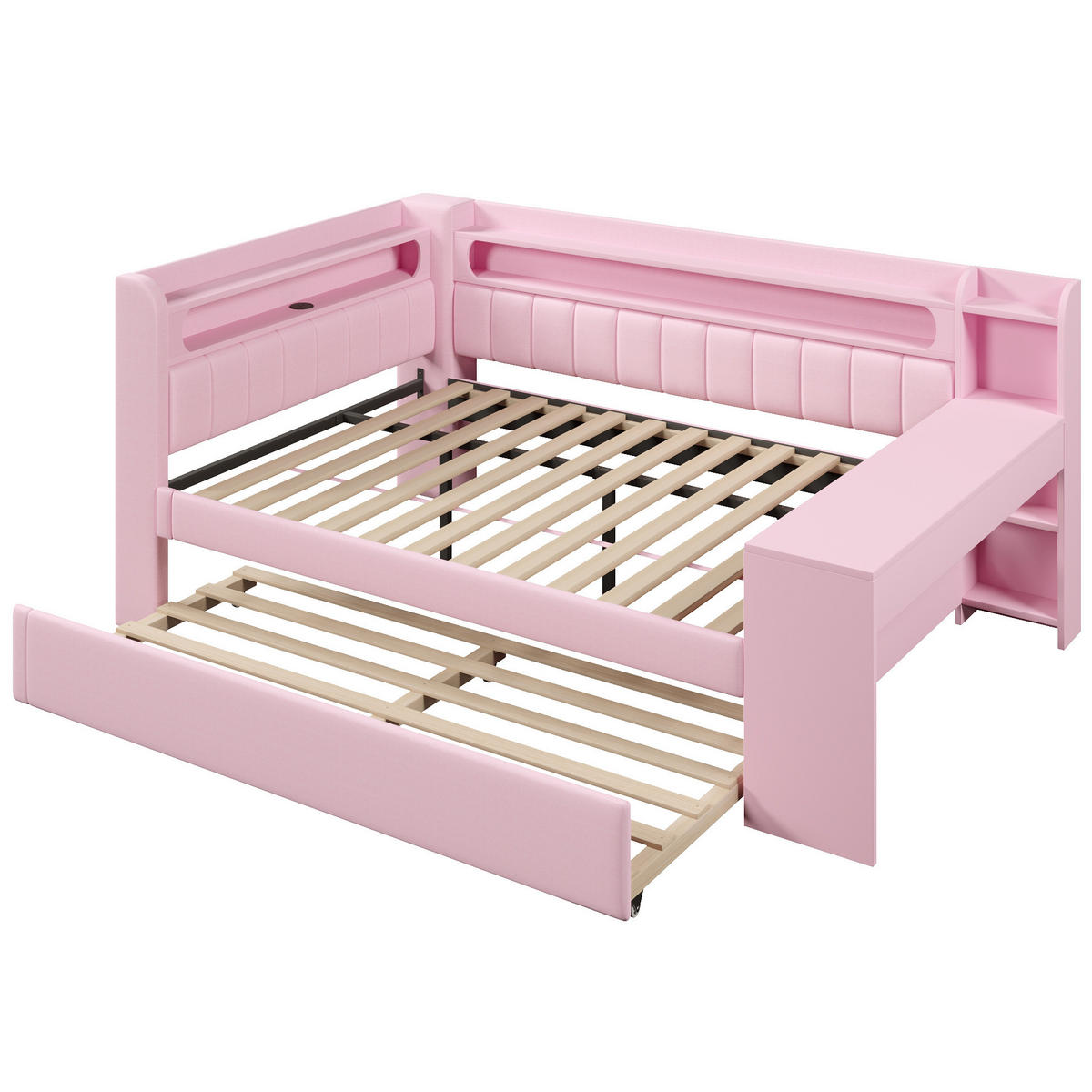 POLSTERBETT 140/200 cm rosa aus MDF mit LED und USB mit Ausziehbett und Schreibtisch - Rosa, Holzwerkstoff (140/200cm) - OKWISH