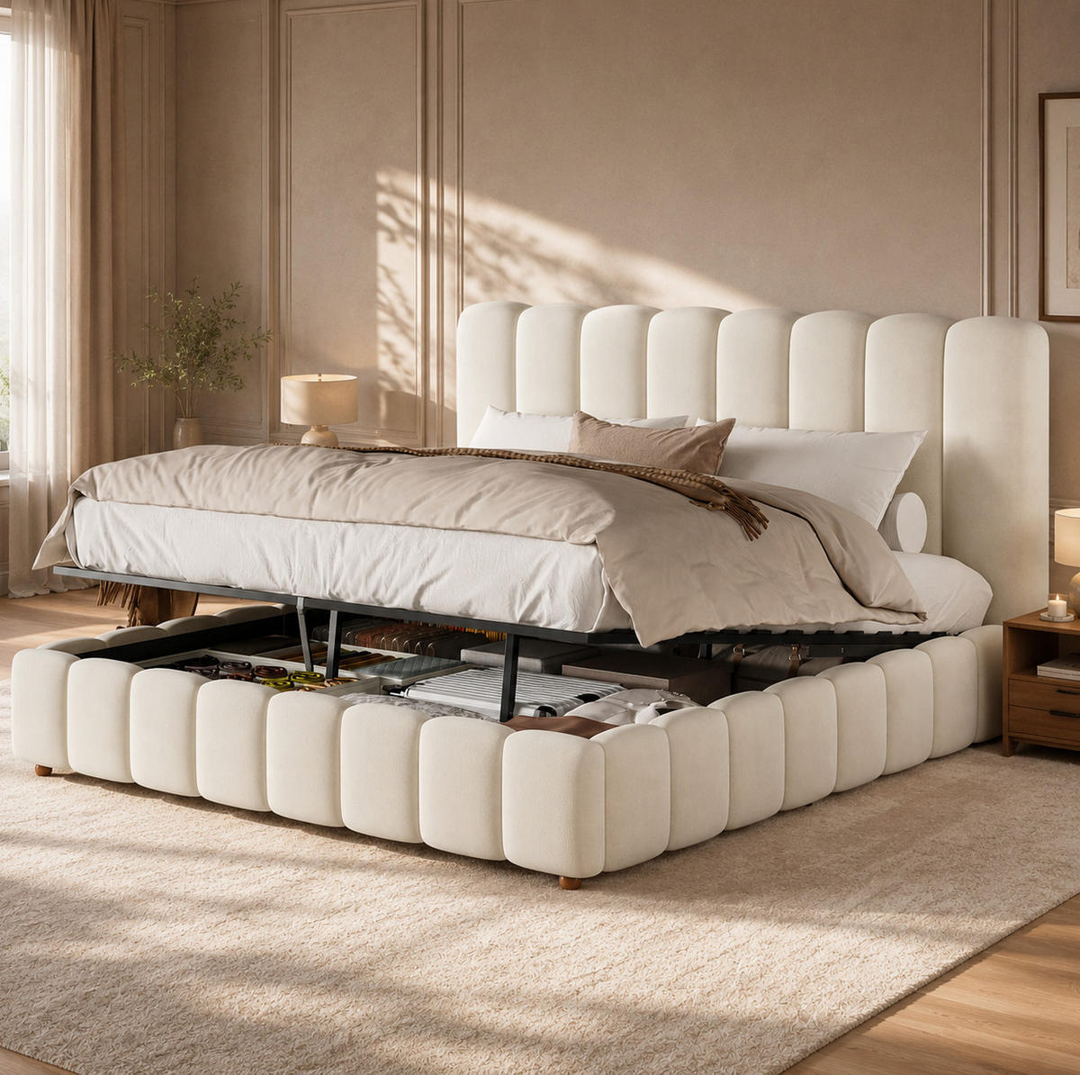 POLSTERBETT 180/200 cm in Beige mit Samtbezug und Stauraum - Beige, Textil (180/200cm) - Flora Grace