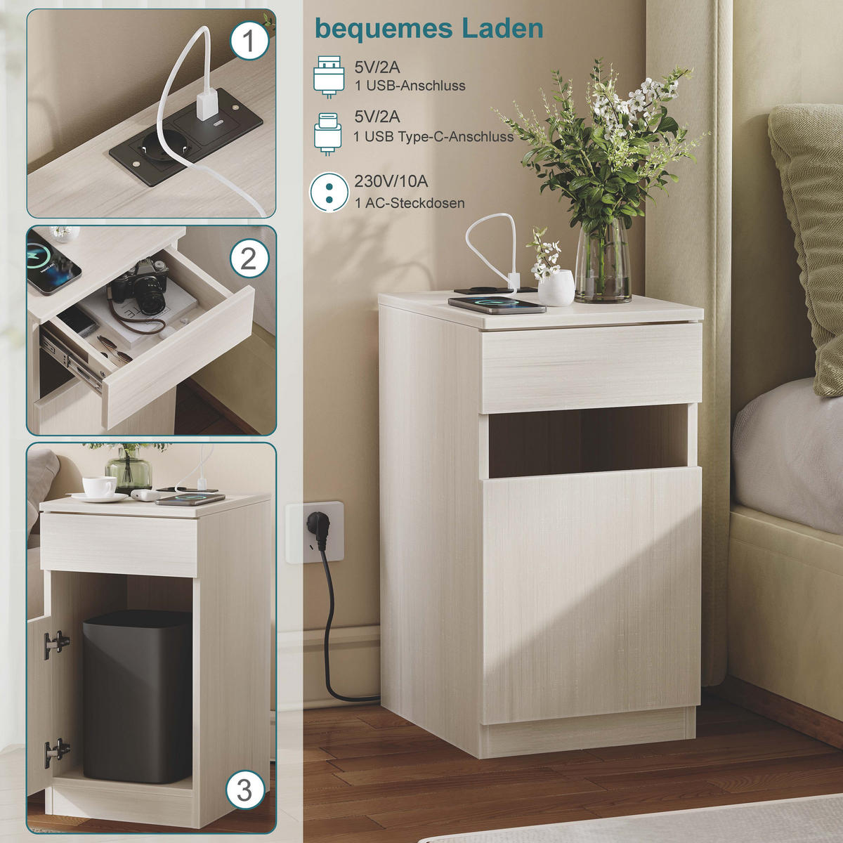 NACHTTISCH Hellholzfarben 33/40/62 cm - Weiß, Holz (33/61.5/40cm) - PANGIVO