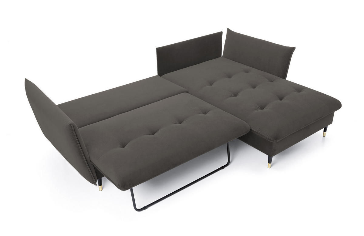 ECKSOFA GLAM mit Schlaffunktion, Ottomane & goldenen Füßen – Samtsofa im Glamour-Stil mit Zierkissen, 258x167x91 cm, rechte, dunkelgrau​ - Dunkelgrau, Holz/Textil (258/167cm) - DomoHome