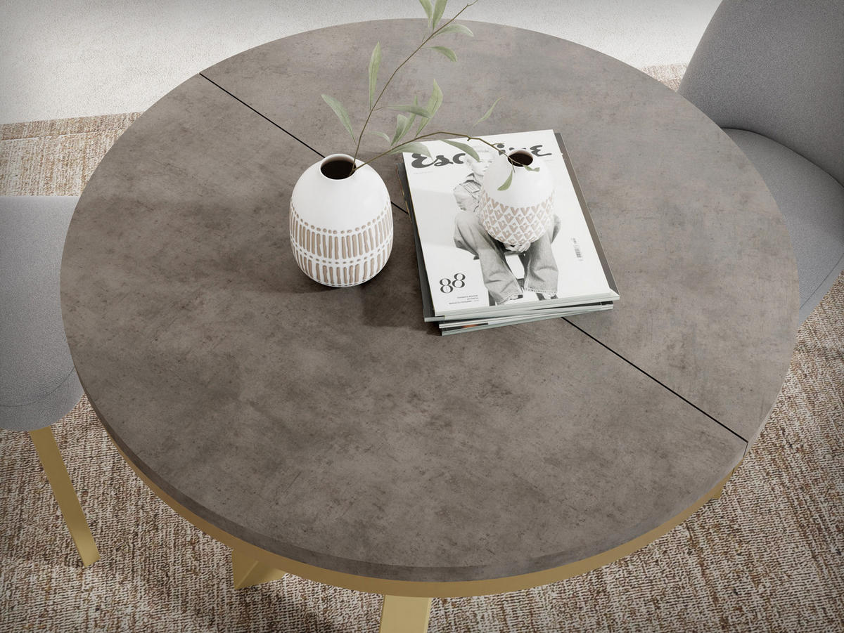 ESSTISCH Clara Gold runder ausziehbarer, Dunkelgrauer Chicago Beton 120-200/120/76 cm - Dunkelgrau/Goldfarben, Holzwerkstoff/Metall (120/120/76cm) - WFL GROUP
