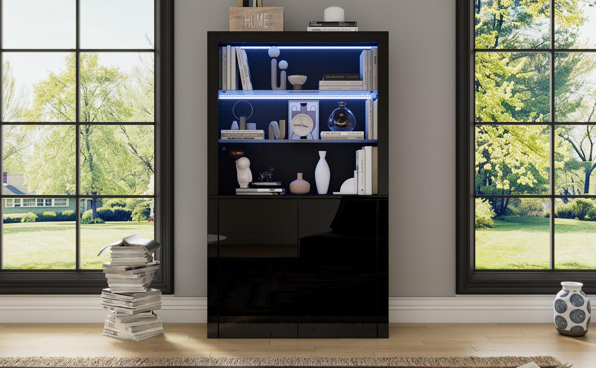 VITRINE 100/35/170 cm Schwarz aus MDF, Glas und Spanplatte mit LED - Schwarz, Holzwerkstoff (100/170/35cm) - OKWISH