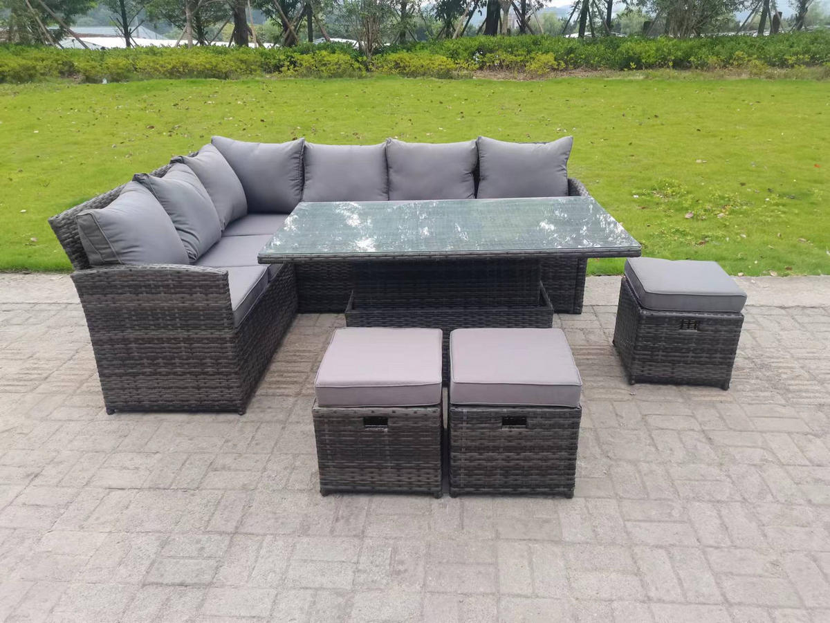 GARTENMÖBEL SET mit höhenverstellbarer Tisch Polyrattan Dunkelgrau 9-Sitzer - Dunkelgrau/Grau, Glas/Kunststoff - Fimous