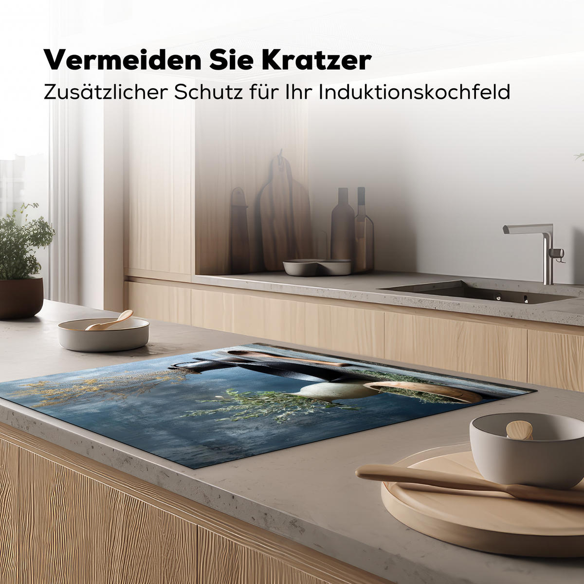 HERDABDECKPLATTE Stilleben - Kräuter - Rustikal Induktionsmatte 78x78 cm - Blaugrau, Kunststoff (78/78/0.2cm) - MuchoWow