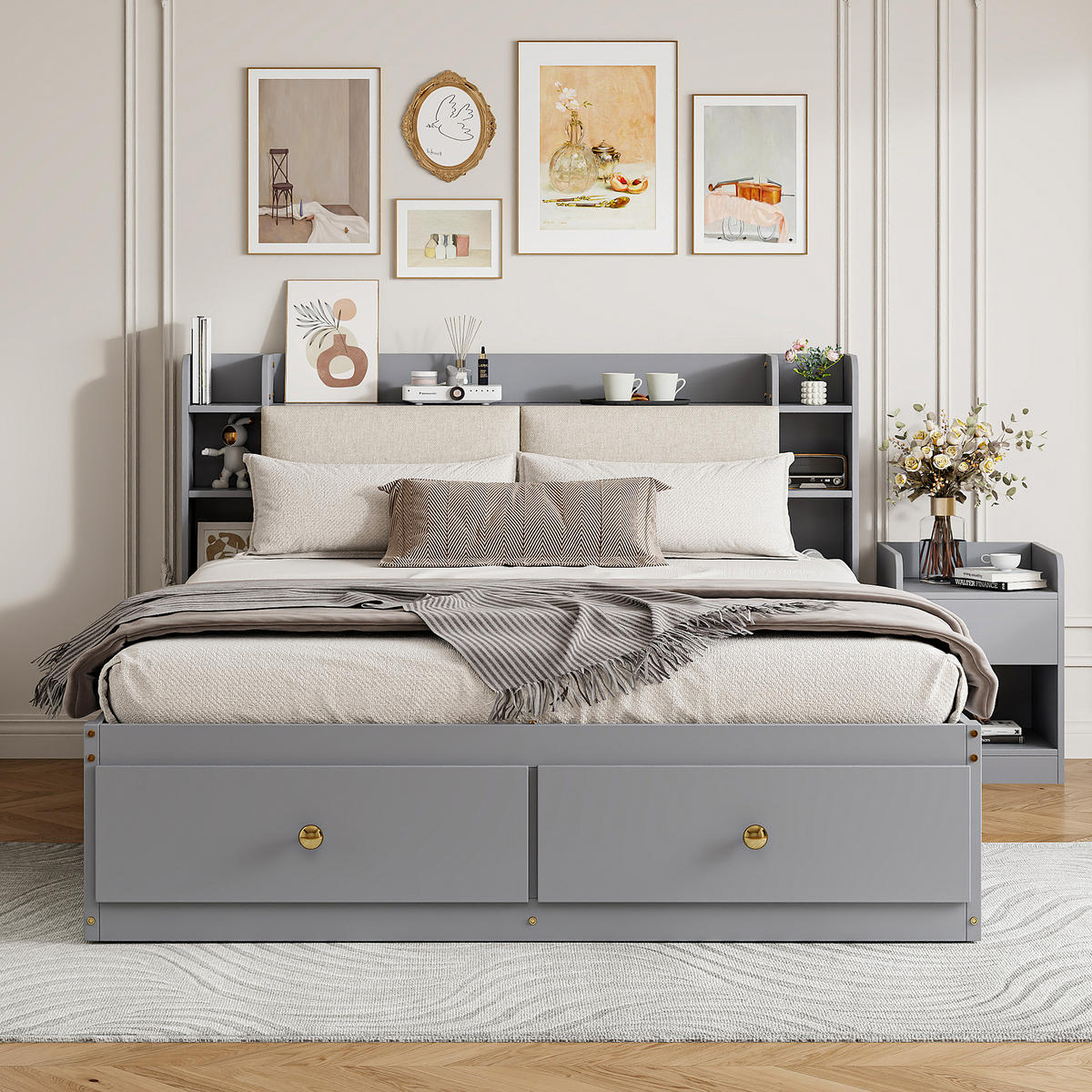 KOMBIBETT Massivholz 140/200 cm grau mit gepolstertem Kopfteil und Stauraum - Grau, Holz (140/200cm) - OKWISH