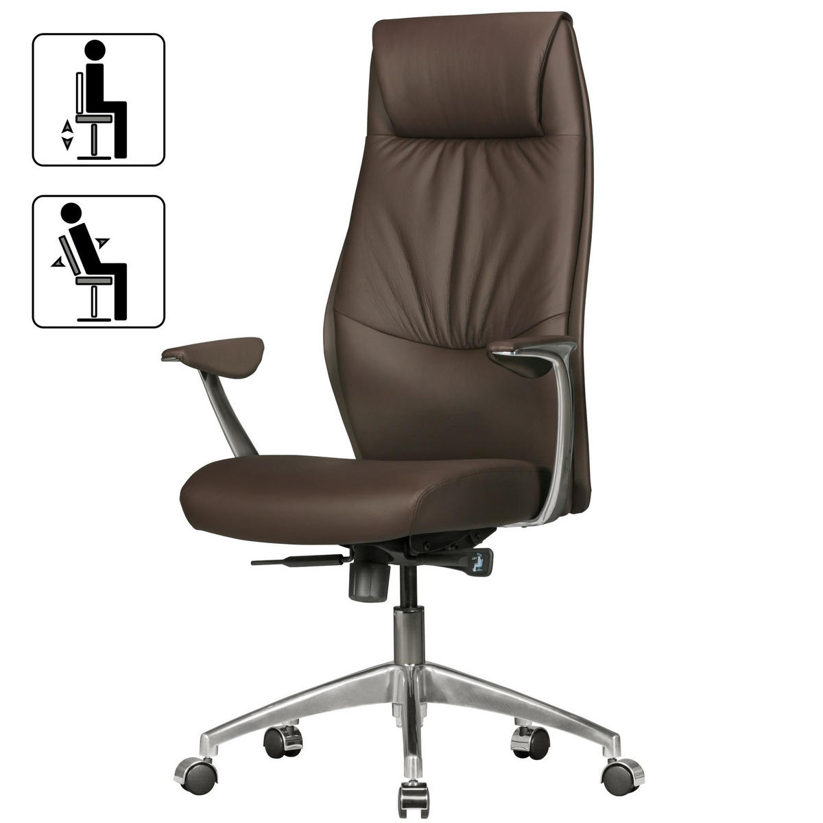 CHEFSESSEL Echtleder mit 3-Stufen-Synchronmechanik und Aluminiumfußkreuz TEMZA, Braun 67x58x125 cm - Silberfarben/Braun, Leder/Metall (67/125/58cm) - KADIMA DESIGN