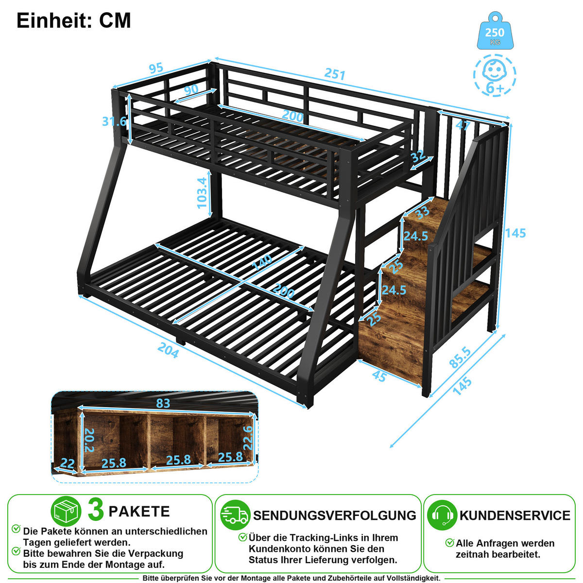 ETAGENBETT 90/200 cm & 140/200 cm in Schwarz mit LED, 3 Staufächern und Treppe - Schwarz, Holzwerkstoff/Metall (90/200cm) - CHICFURN