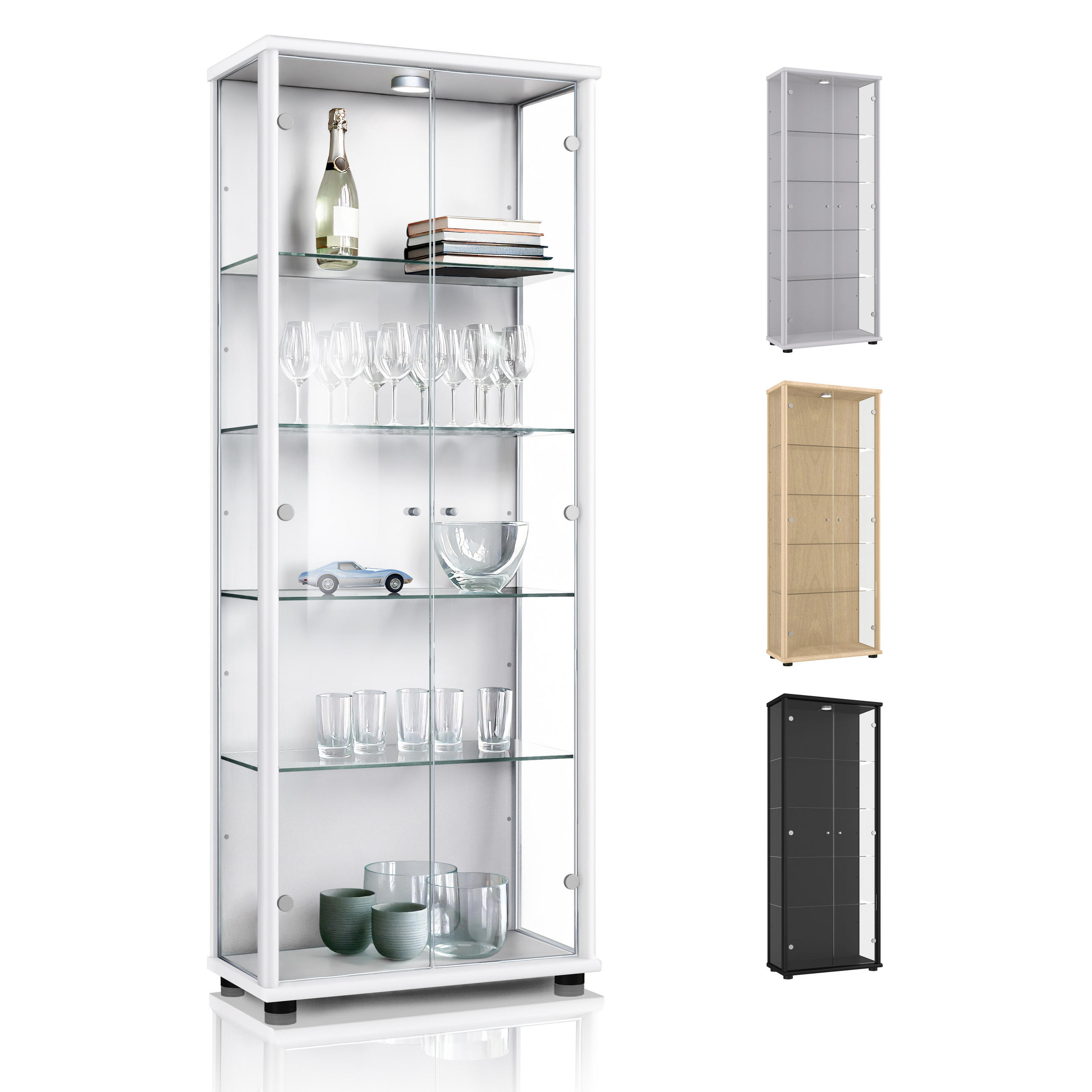 GLASVITRINE 33/67/176 cm mit LED & 4 höhenverstellbaren Glasböden - Transparent/Silberfarben, Glas/Holzwerkstoff (67/176/33cm) - K-Möbel