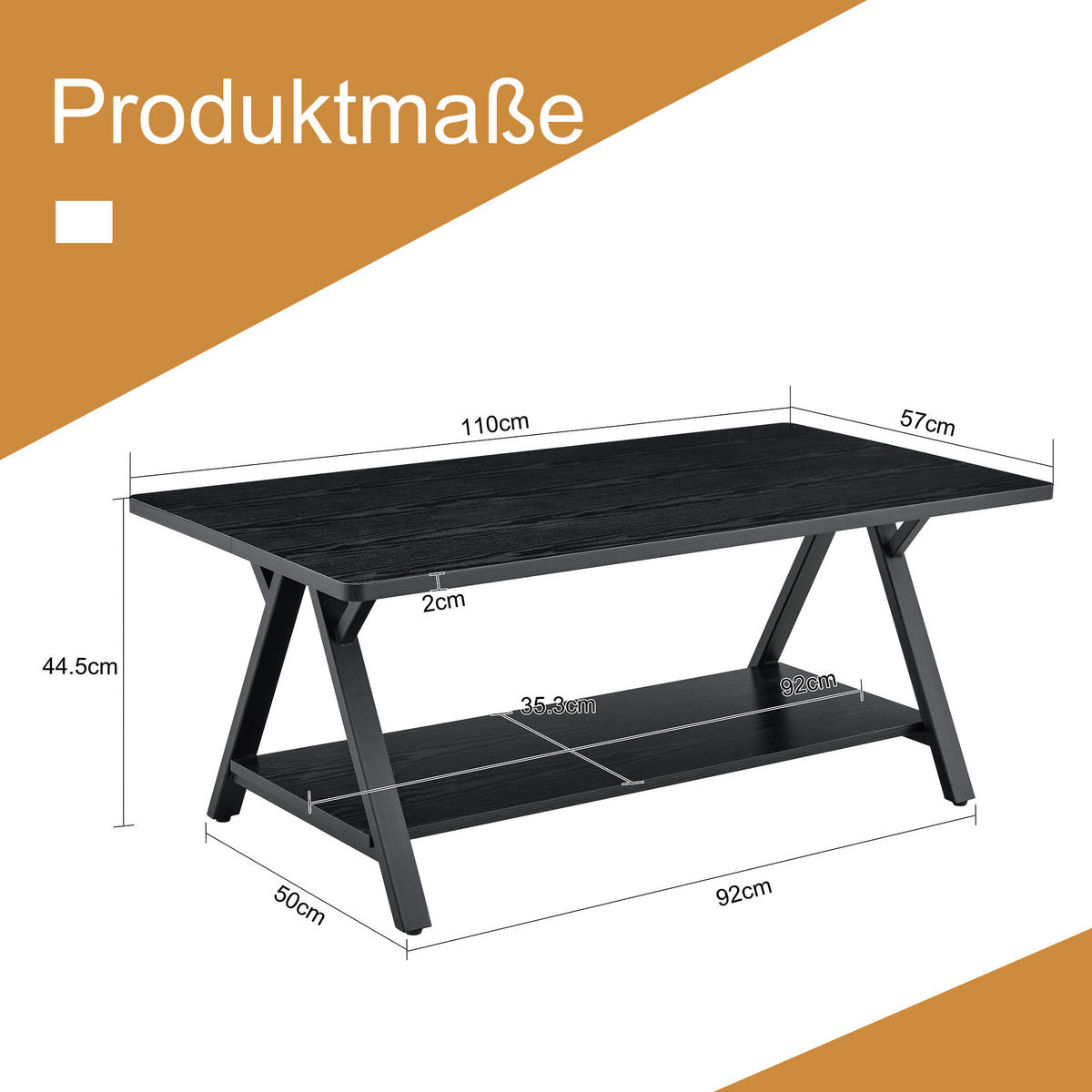 COUCHTISCH 110/57/44,5 cm schwarz aus MDF mit Ablage und Metallgestell - Schwarz, Holzwerkstoff (110/57/44.5cm) - OKWISH