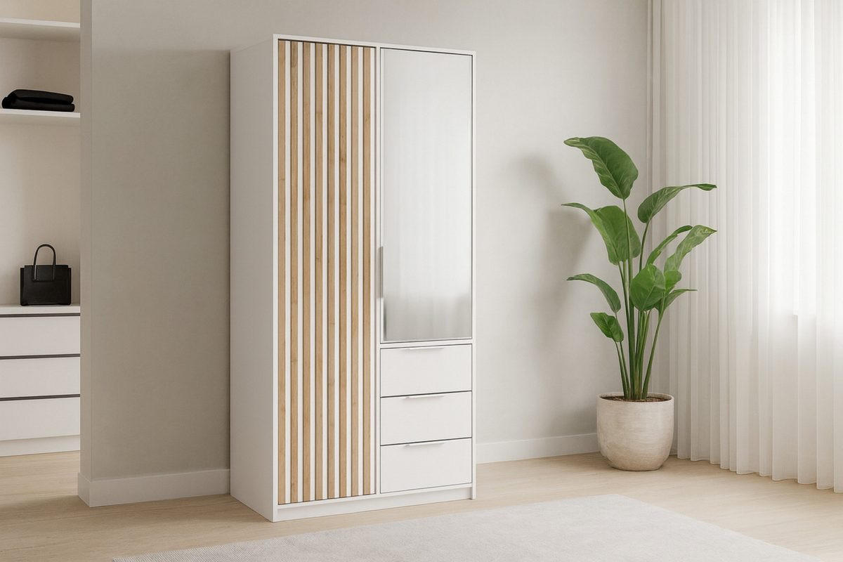 DREHTÜRENSCHRANK LABOO LUX 100/200/58 cm in Weiß mit Lamellen - Weiß, Holzwerkstoff (100/200/58cm) - Deine Möbel 24