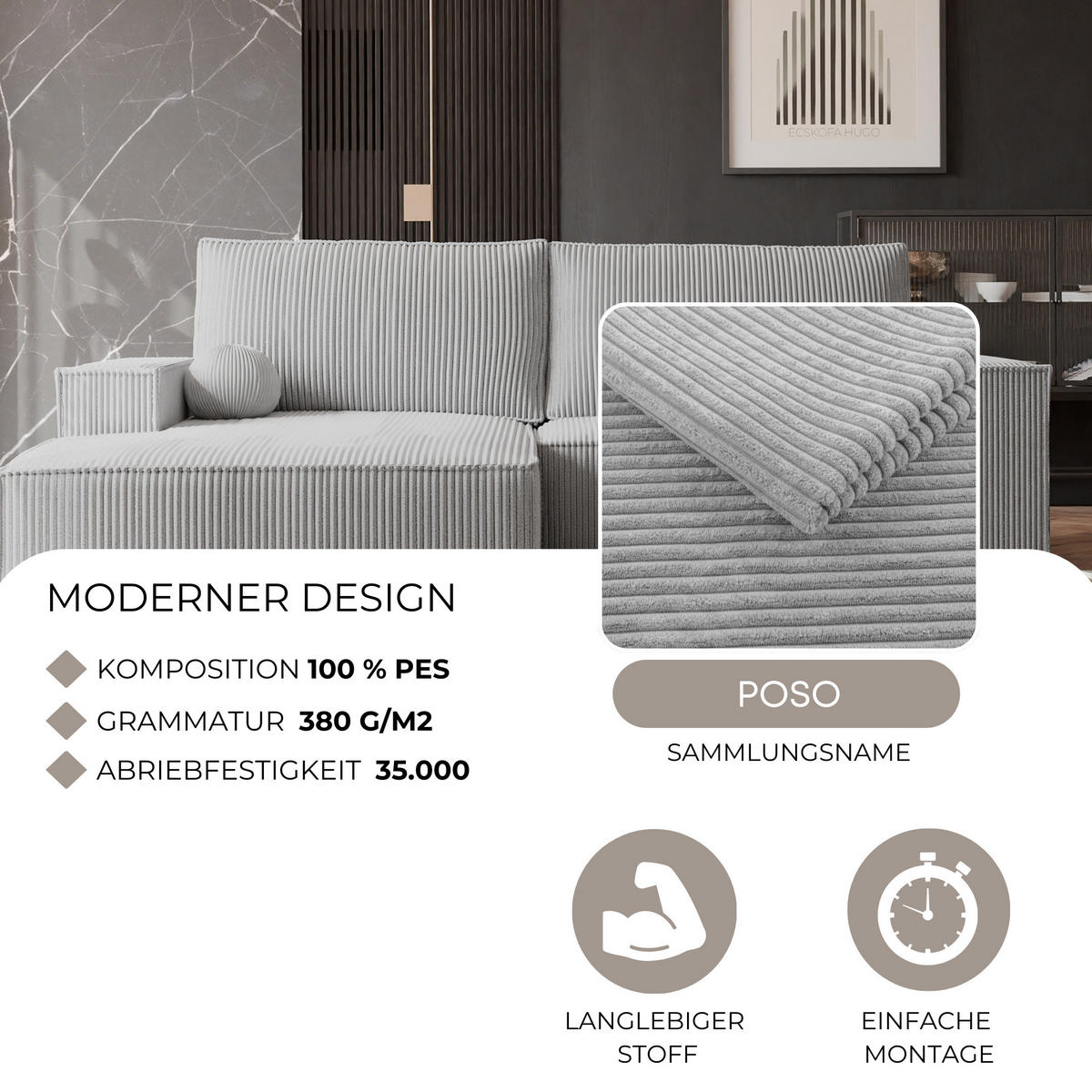 ECKSOFA HUGO Rechts, mit Schlaffunktion und Bettkasten, Hellgrau - Hellgrau, Textil (255/148cm) - Idohome