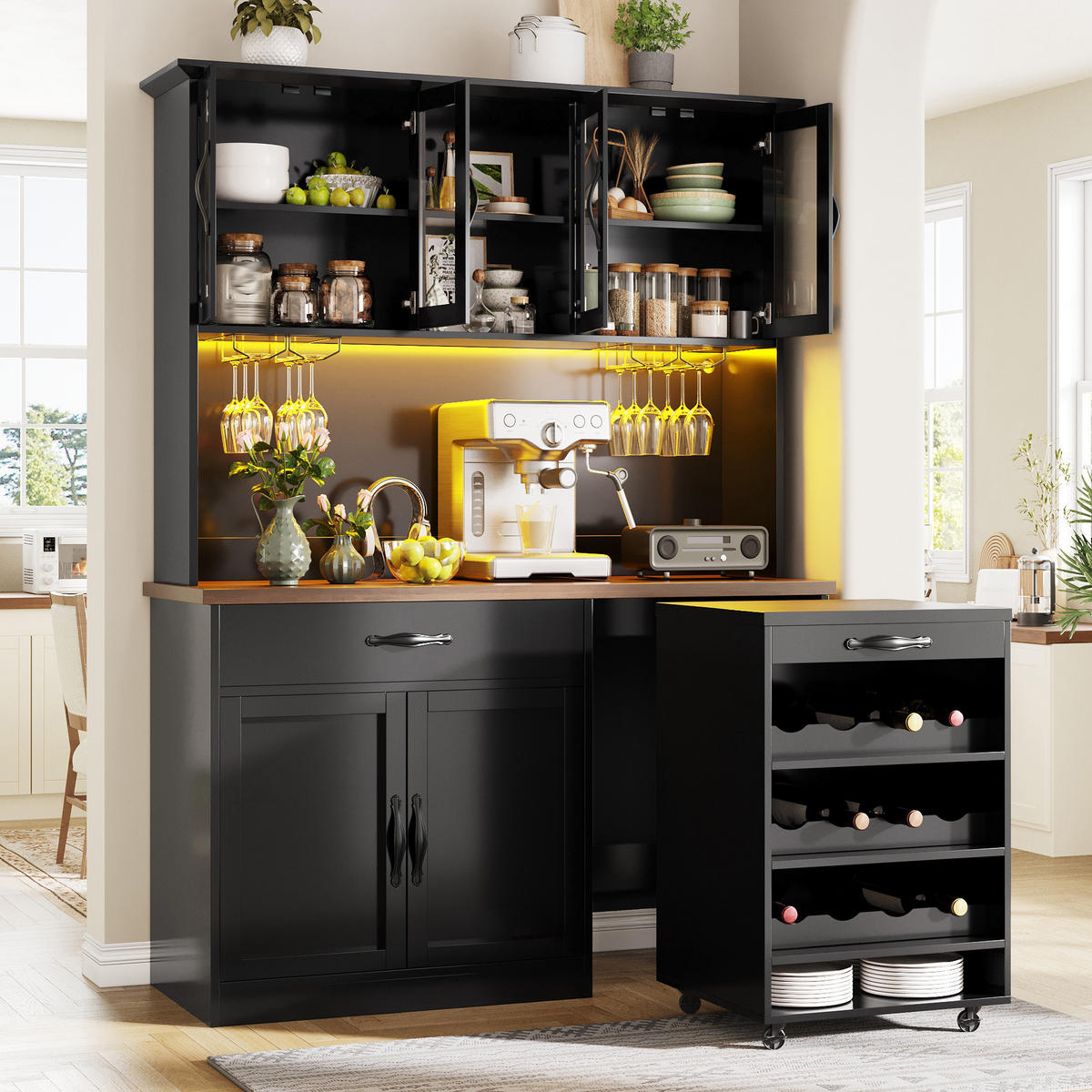 BUFFETSCHRANK Rollwagen Schwarz 140/38/180 cm - Schwarz, Holz (140/180/38cm) - PANGIVO