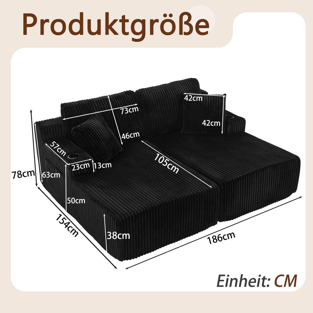 SCHLAFSOFA 2-Sitzer mit Getränkehalter Kordstoff Black - Schwarz, Textil (154/78/186cm) - Meubliv