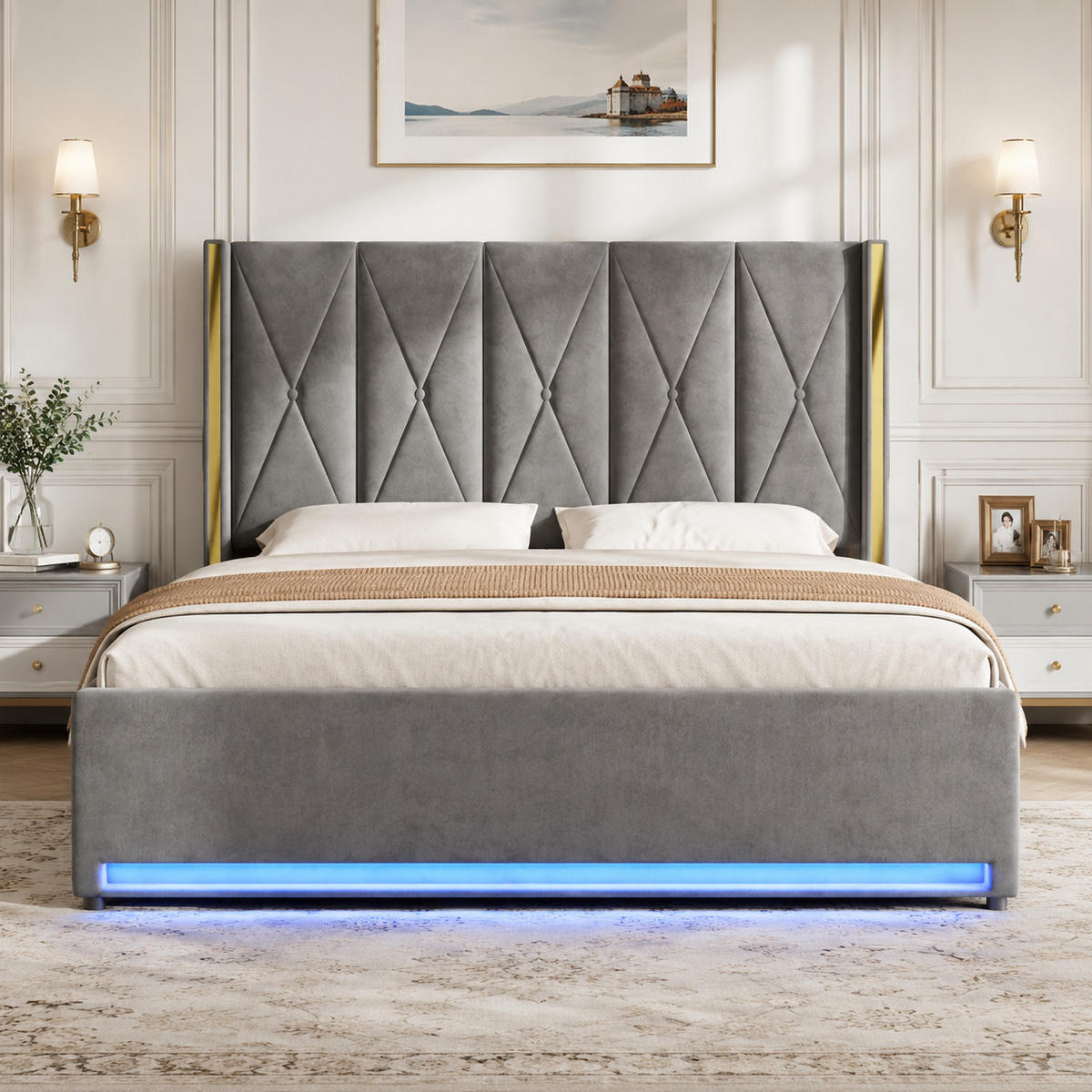 ČALOUNĚNÁ POSTEL 180/200 cm v tmavě šedé barvě s úložným prostorem, LED, USB a Type-C - tmavě šedá, kov/kompozitní dřevo (180/200cm) - CHICFURN