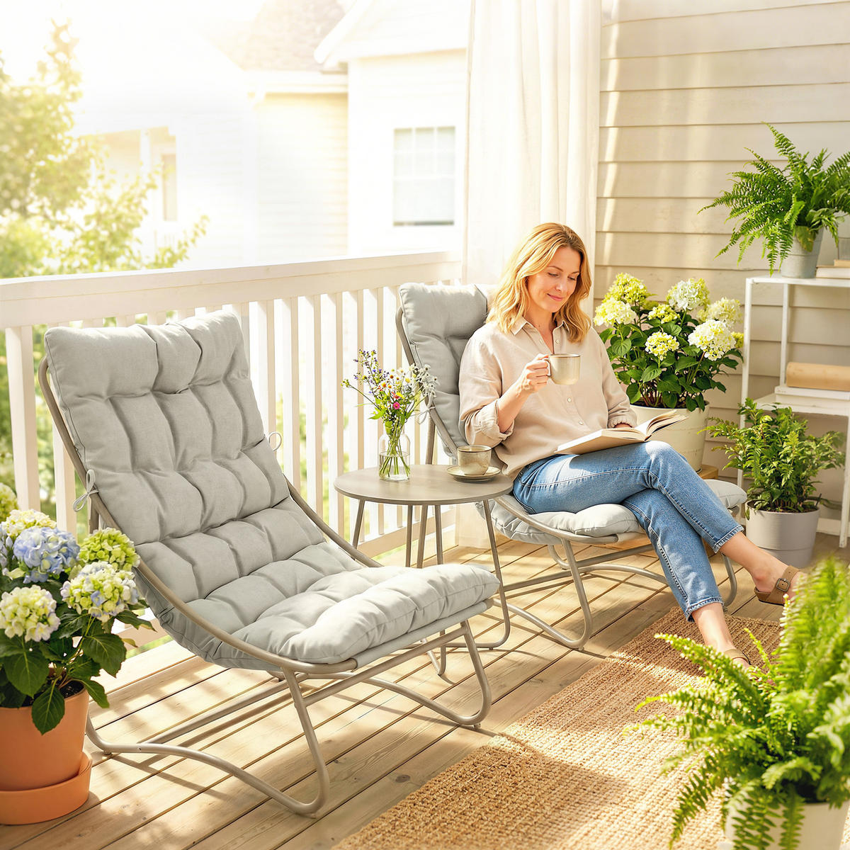 BALKONSET 3 TLG. mit Auflage Hellgrau - Hellgrau, Textil/Metall - Outsunny