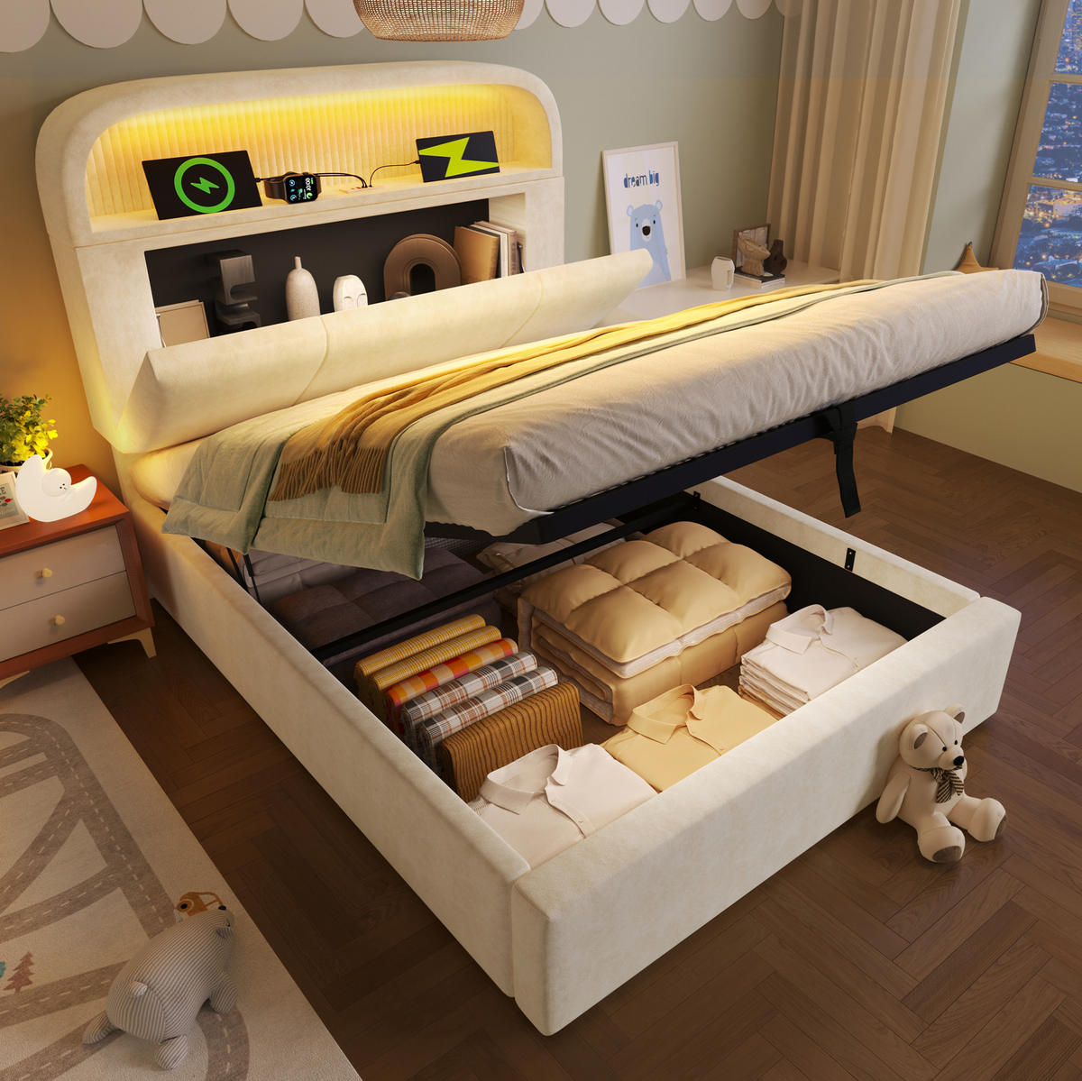 POLSTERBETT mit Stauraum 90x200 cm Samt Beige mit LED & USB - Beige, Metall (90/200cm) - Meubliv