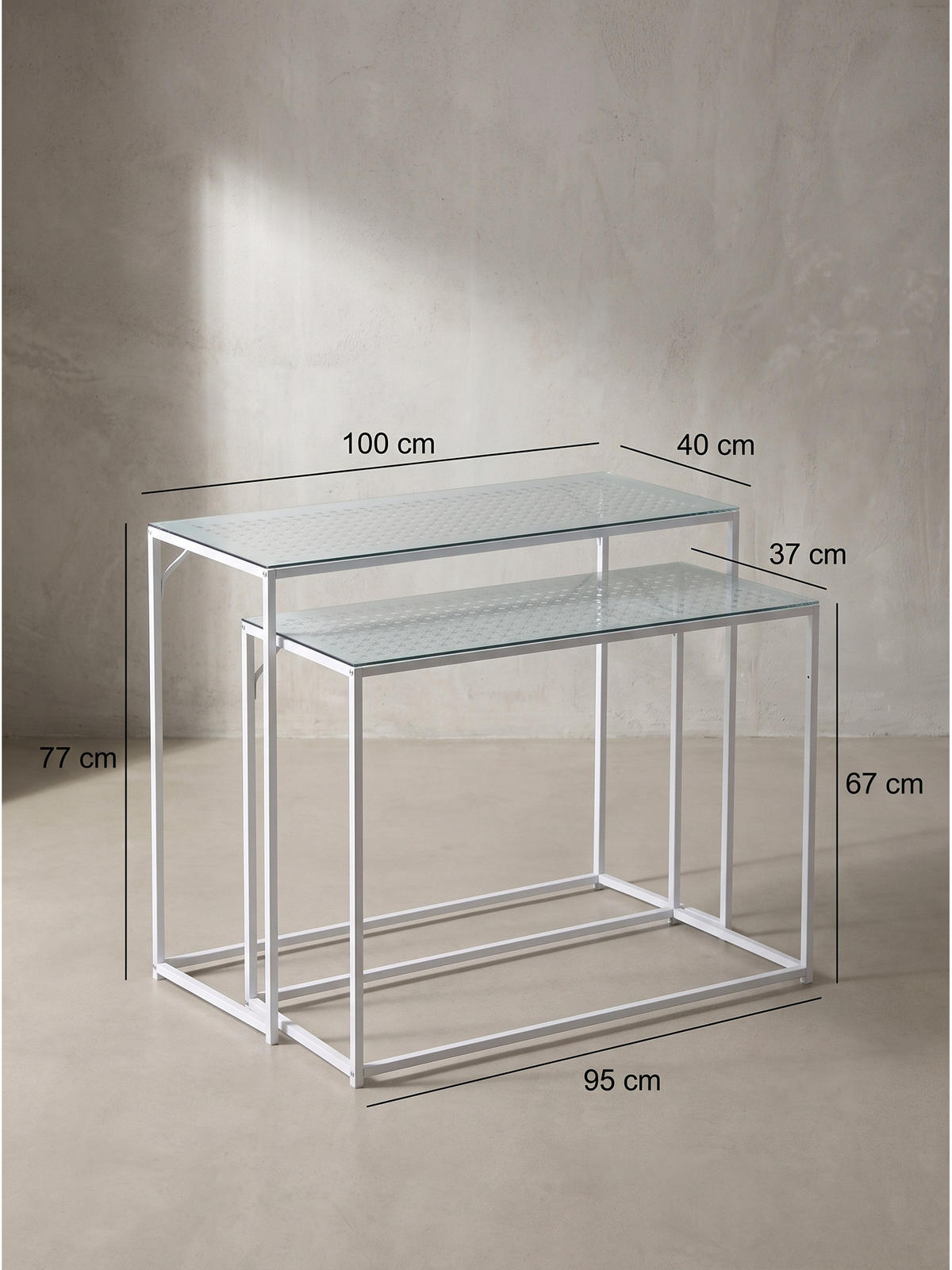 KONSOLENTISCHE 2er-Set ALCUDIA, Einscheibensicherheitsglas, Weiß, 100 x 40 x 77 cm - Weiß, Glas/Metall (40/100/77cm) - KADIMA DESIGN