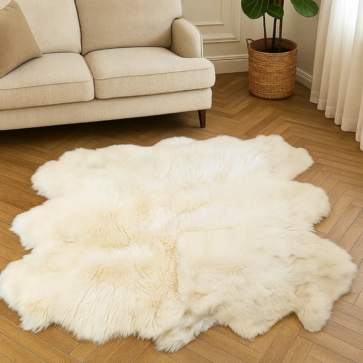 TEPPICH Schaffell-Decke 6-teilig Naturweiß/Naturbraun 190/160 cm - Weiß/Naturfarben, Fell (160/190cm) - Provellus