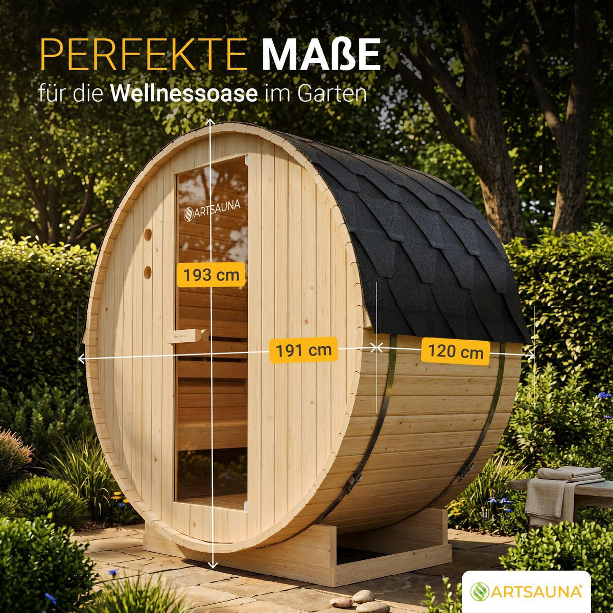 FASSSAUNA Spitzbergen 120 cm mit 3,6 kW Saunaofen (2 Personen) - Naturfarben, Holz (191/193/120cm) - Artsauna