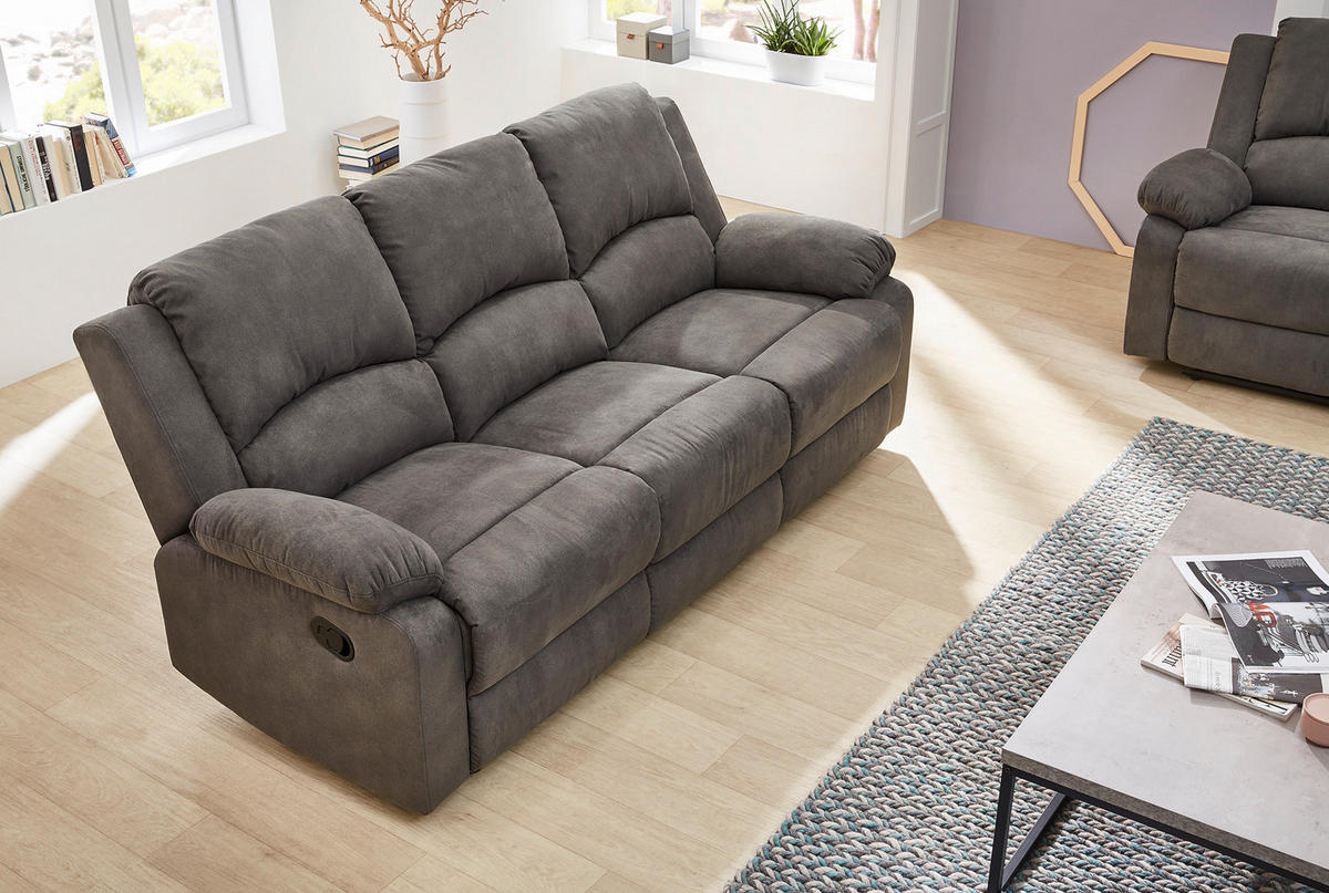 3-SITZER-RELAXSOFA Federkern, Liegefunktion verstellbar durch halbautomatische Relaxfunktion B204/T87/H97 cm, Mikrofaser Vintage Anthrazit/ 15131 - Anthrazit/Schwarz, Textil (204/97/87cm) - luma-home