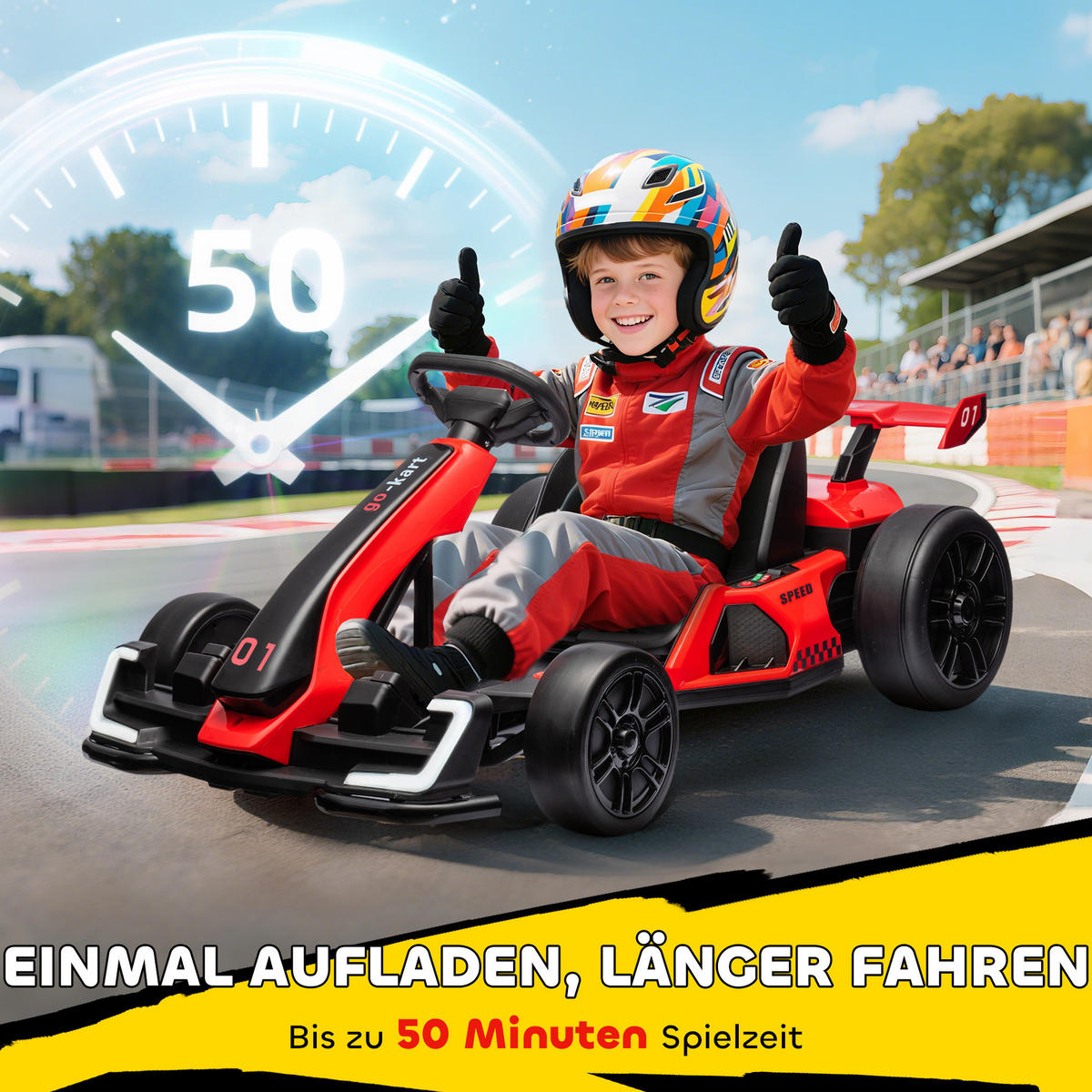 GO-KART DE-06216 Elektro-Kart mit Hupe und Musik Rot - Rot/Schwarz, Kunststoff/Metall (120/76/53.5cm) - ComfortXL