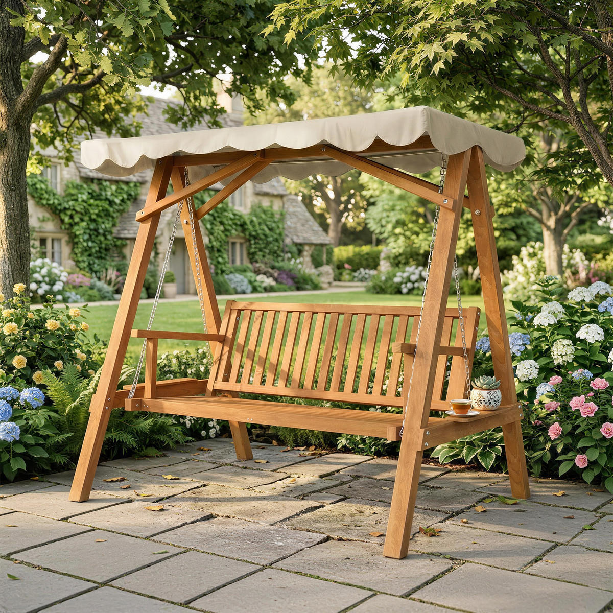 HOLLYWOODSCHAUKEL, Gartenschaukel, Lärche, Metall, Kunststoff, Natur+Creme - Naturfarben, Holz (130/185/162cm) - Outsunny