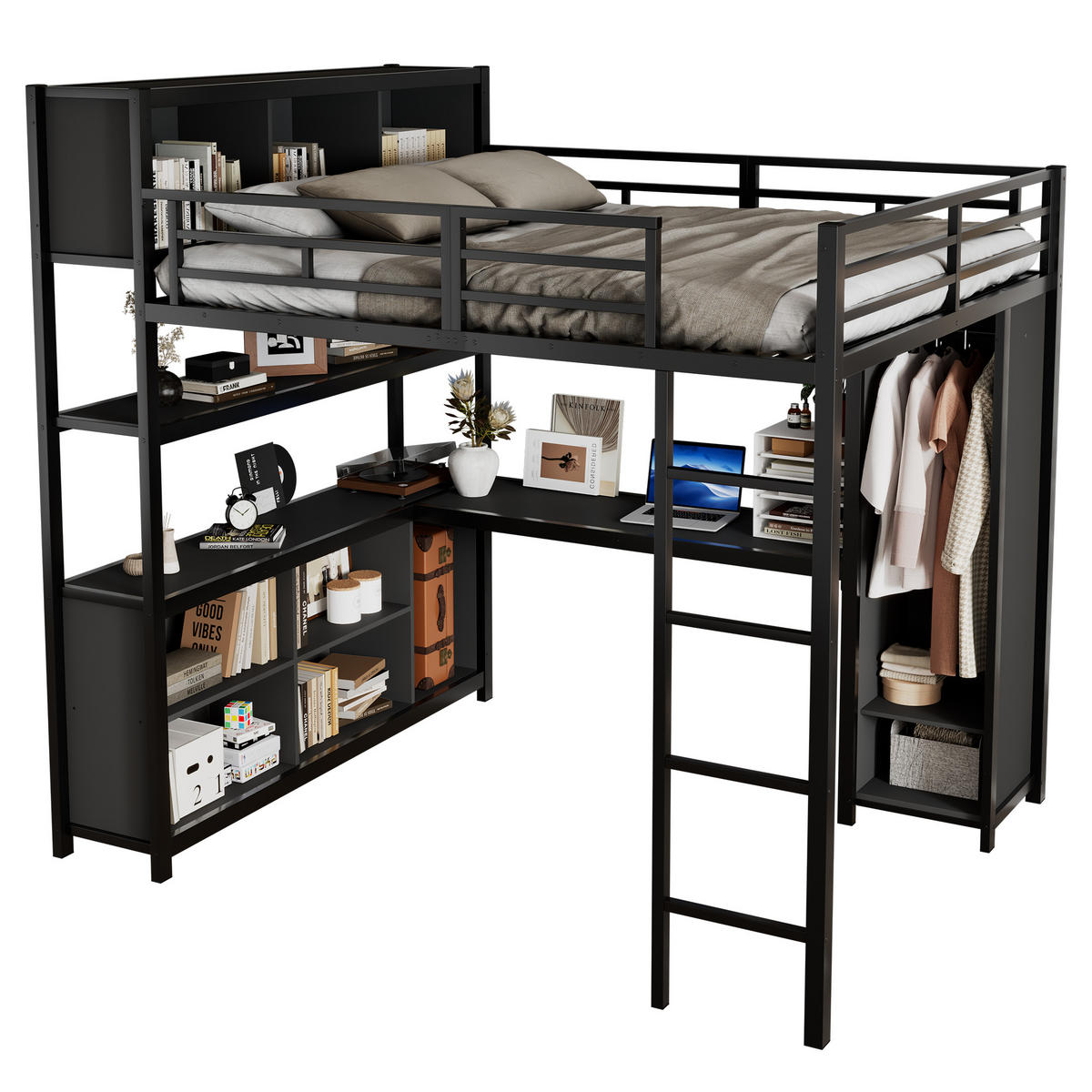 HOCHBETT aus Metall und Holz 140x200 cm in Schwarz mit Stauraum & Schrank - Schwarz, Metall (140/200cm) - Modfu