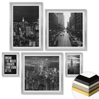 WANDBILDER 5er Set - 50x50 cm & 20x30 cm & 40x60 cm Silberner Rahmen - Inspiration für Schwarz-Weiß-Darstellungen von Stadtstraßen - Silberfarben, Kunststoff (40/60cm) - ArtPrintCave