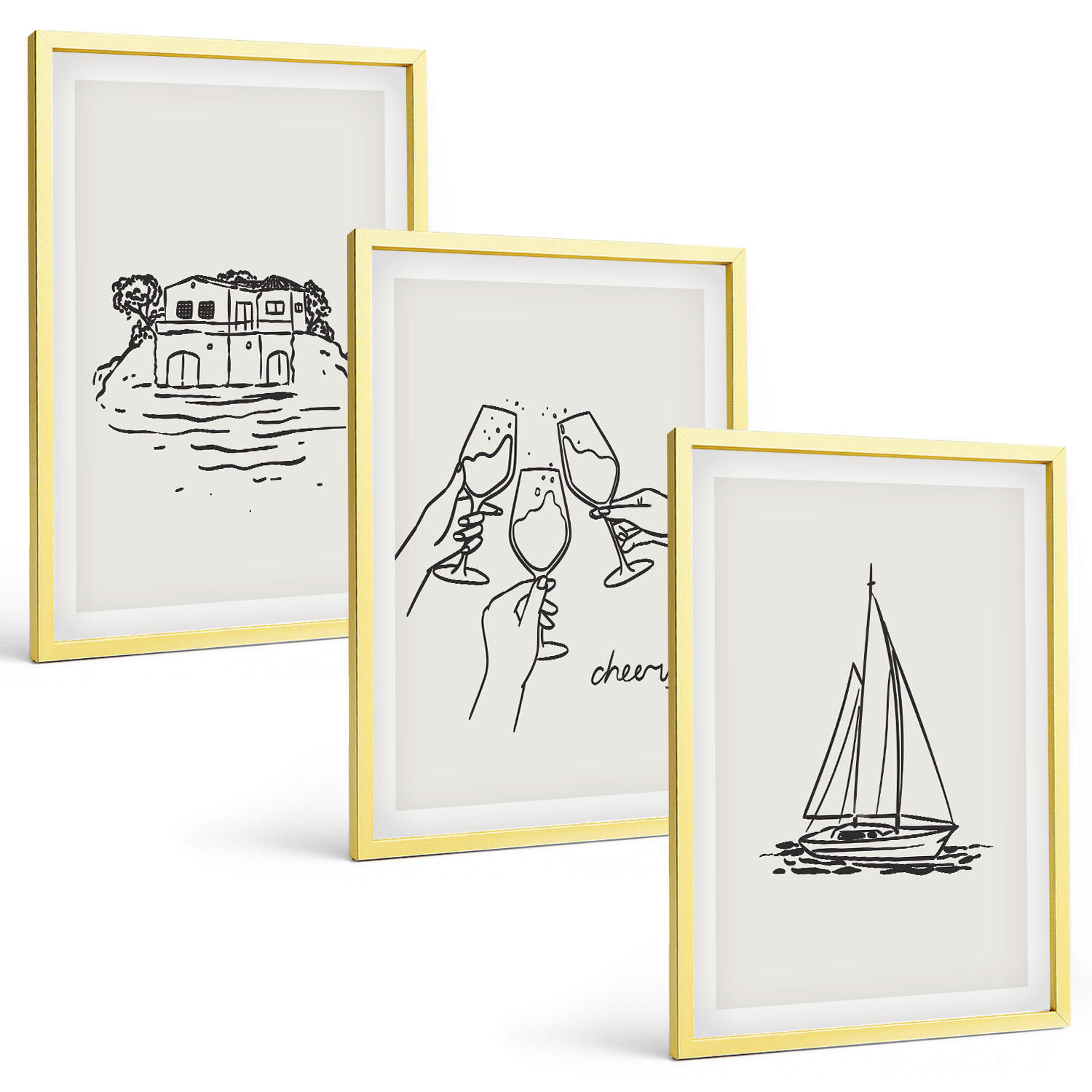 BILDER SET 3er Set - 40x60 cm Goldrahmen - Haus am Wasser, Segelboot-Toast - Goldfarben, Kunststoff (40/60cm) - TULUP