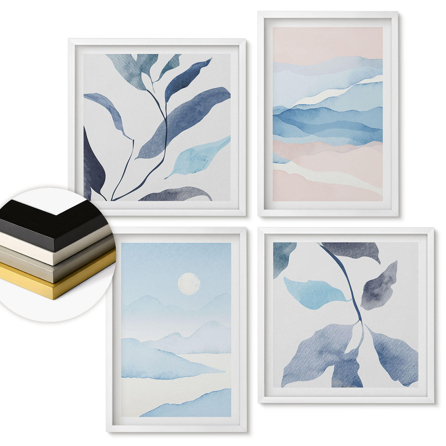 WANDBILDER 4er-Set - 50x50 cm & 40x60 cm Weißer Rahmen - Berglandschaften, Aquarellpflanzen - Weiß, Kunststoff (50/50cm) - ArtPrintCave