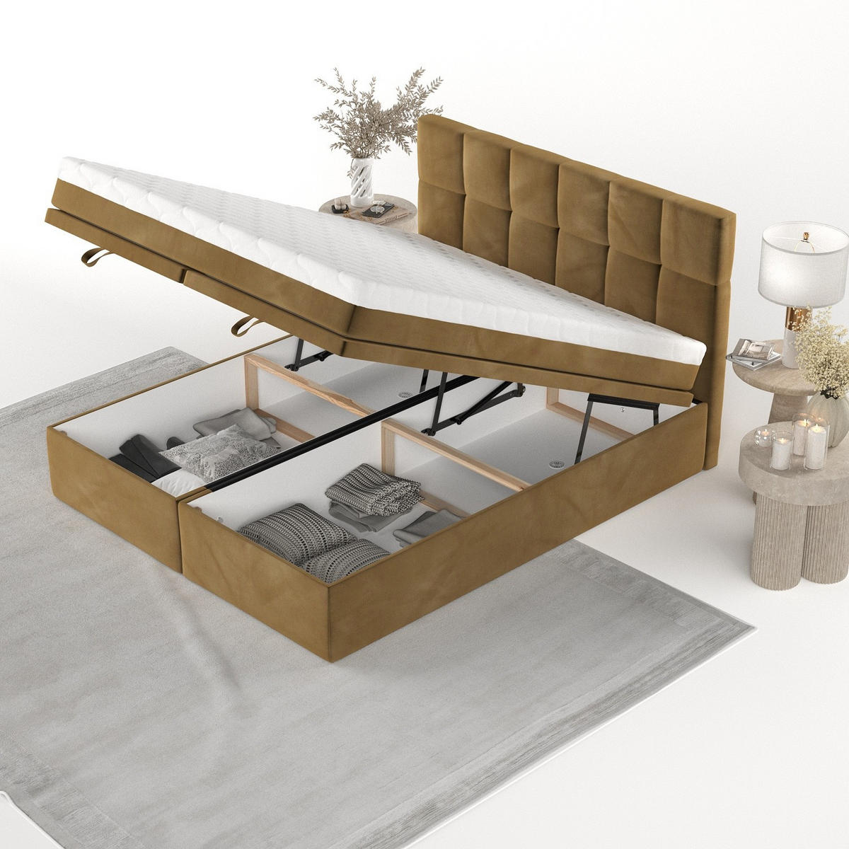 BOXBETT Elano 180/200 cm Honiggelb im Kronos Stoff - Schwarz/Honig, Holz/Holzwerkstoff (180/200cm) - AltaBeds