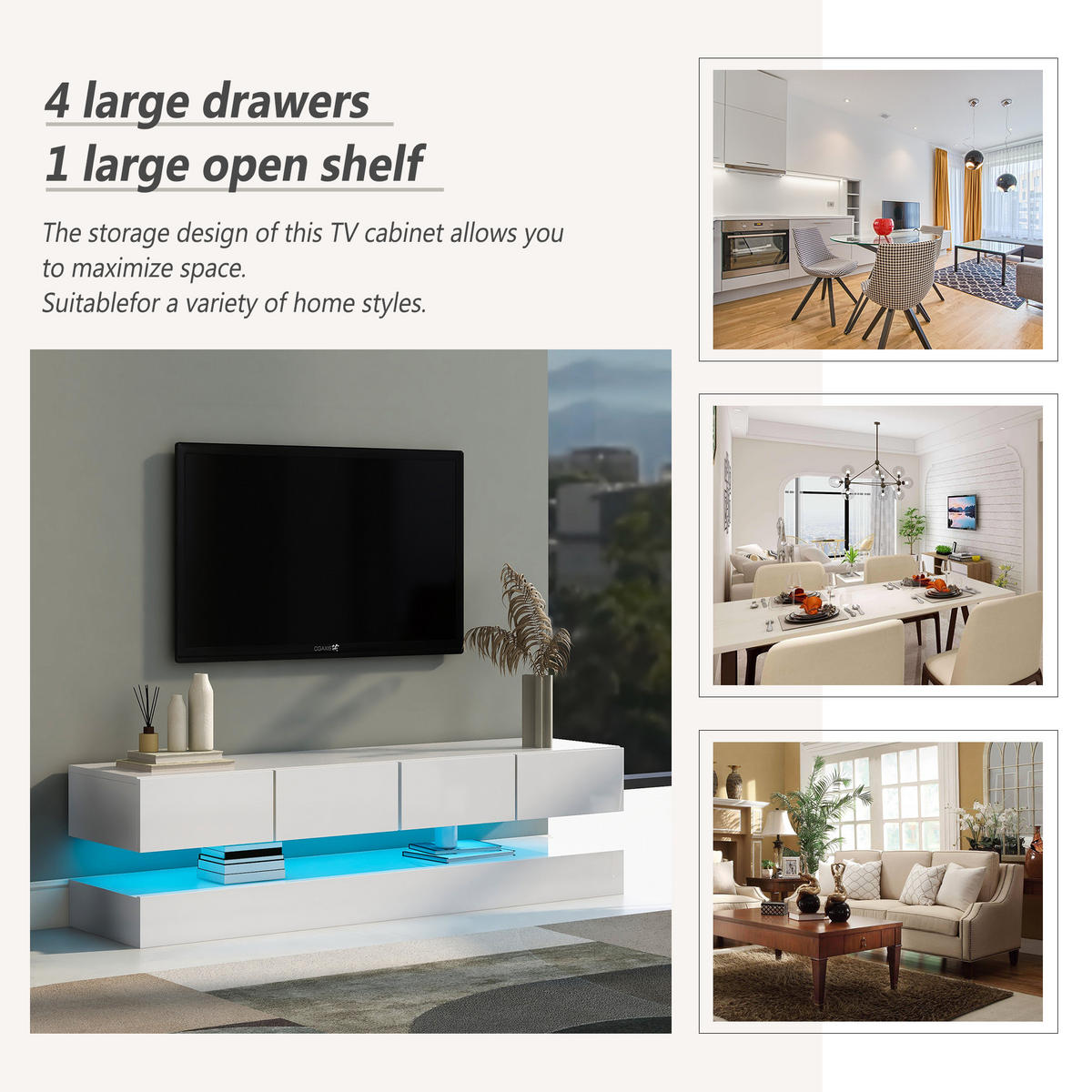 TV-ELEMENT Hängend 130 cm Weiß mit LED-Beleuchtung und 4 Schubladen - Weiß, Holzwerkstoff (33/15/130cm) - Korfee