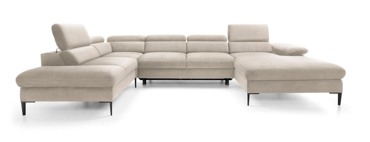 WOHNLANDSCHAFT MESTO Creme Velours-Stoff mit Schlaffunktion - Creme, Holz (353/94/182cm) - MASSENO