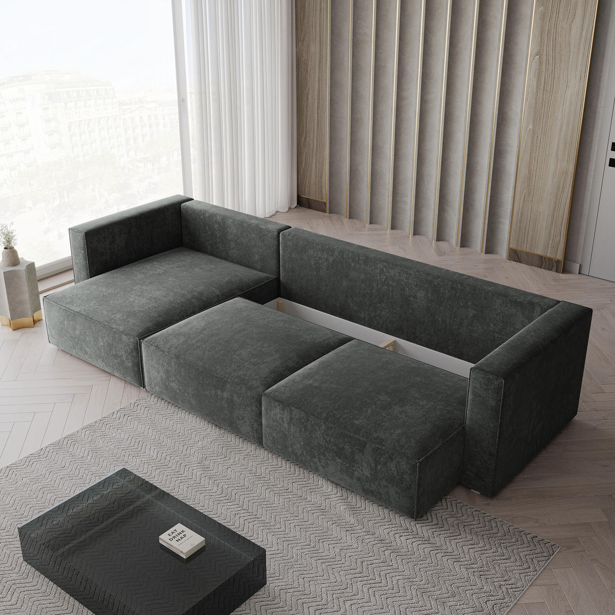 ECKSOFA TOLMO LM Grau Chenille mit Schlaffunktion - Grau, Holzwerkstoff/Textil (347/148cm) - MASSENO
