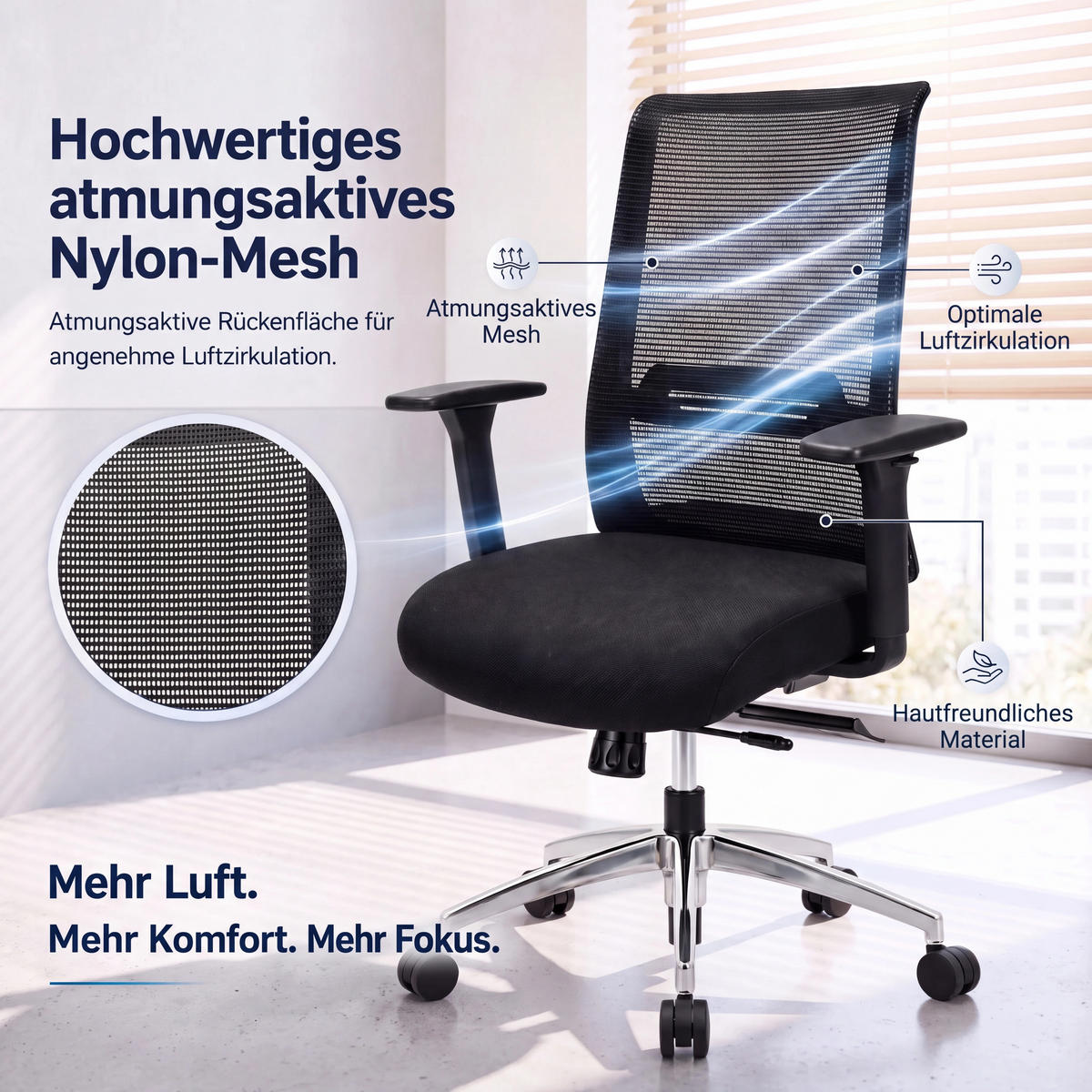 BÜROSTUHL Tanda Stoff/Mesh Schwarz - ergonomisch, 150 kg belastbar, Sitzhöhe 49-61cm - Schwarz, Kunststoff/Textil (65/102/68cm) - Versee
