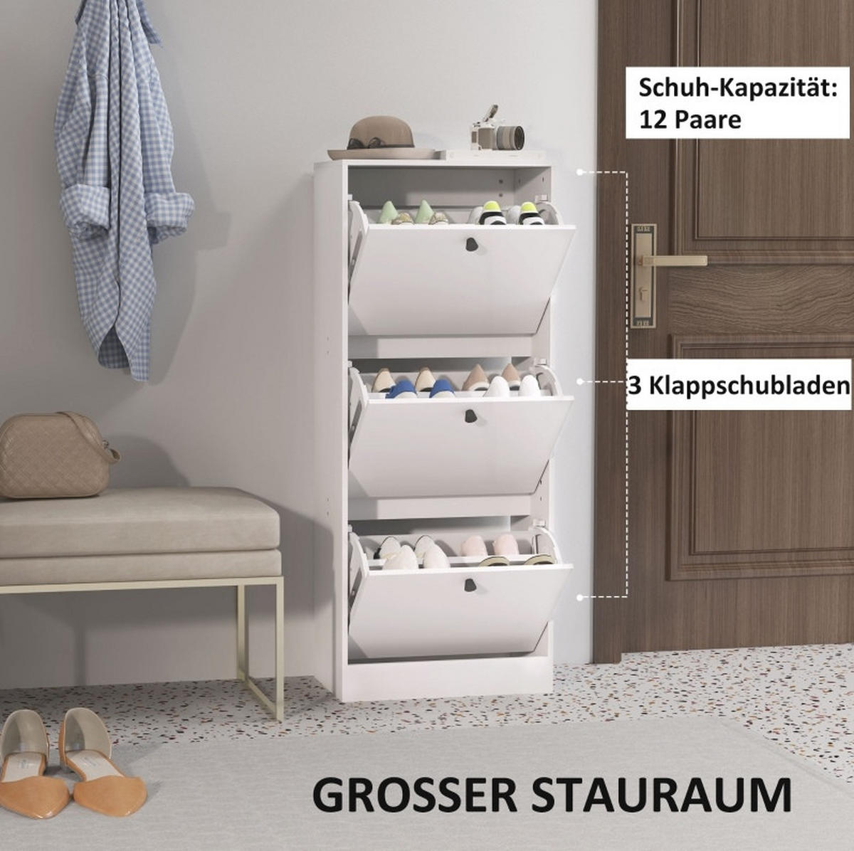 SCHUHSCHRANK 47/115/28 cm Weiß aus Holz mit 3 Klappen - Weiß, Holzwerkstoff (47/115/28cm) - OKMYHOME
