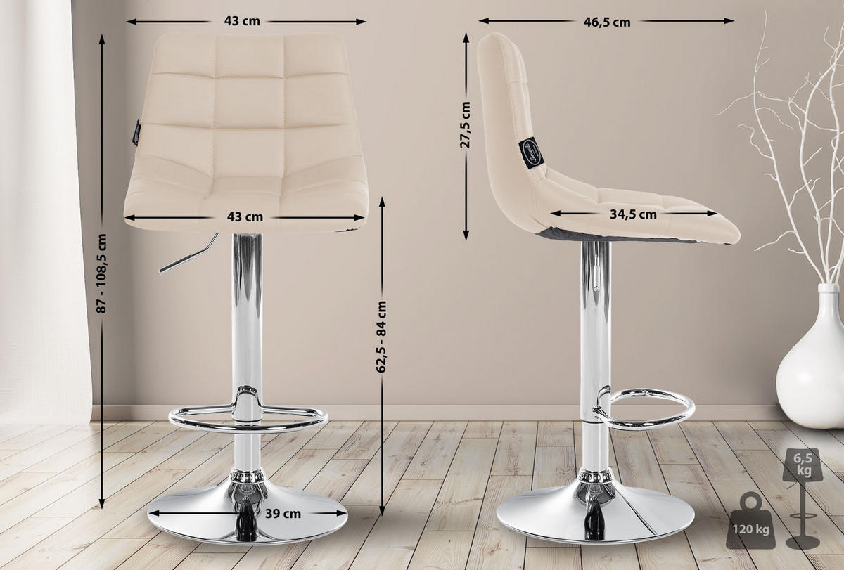 BARHOCKER 2er Set Lederlook creme - Chromfarben/Creme, Textil/Metall (43/87/46.5cm) - CLP