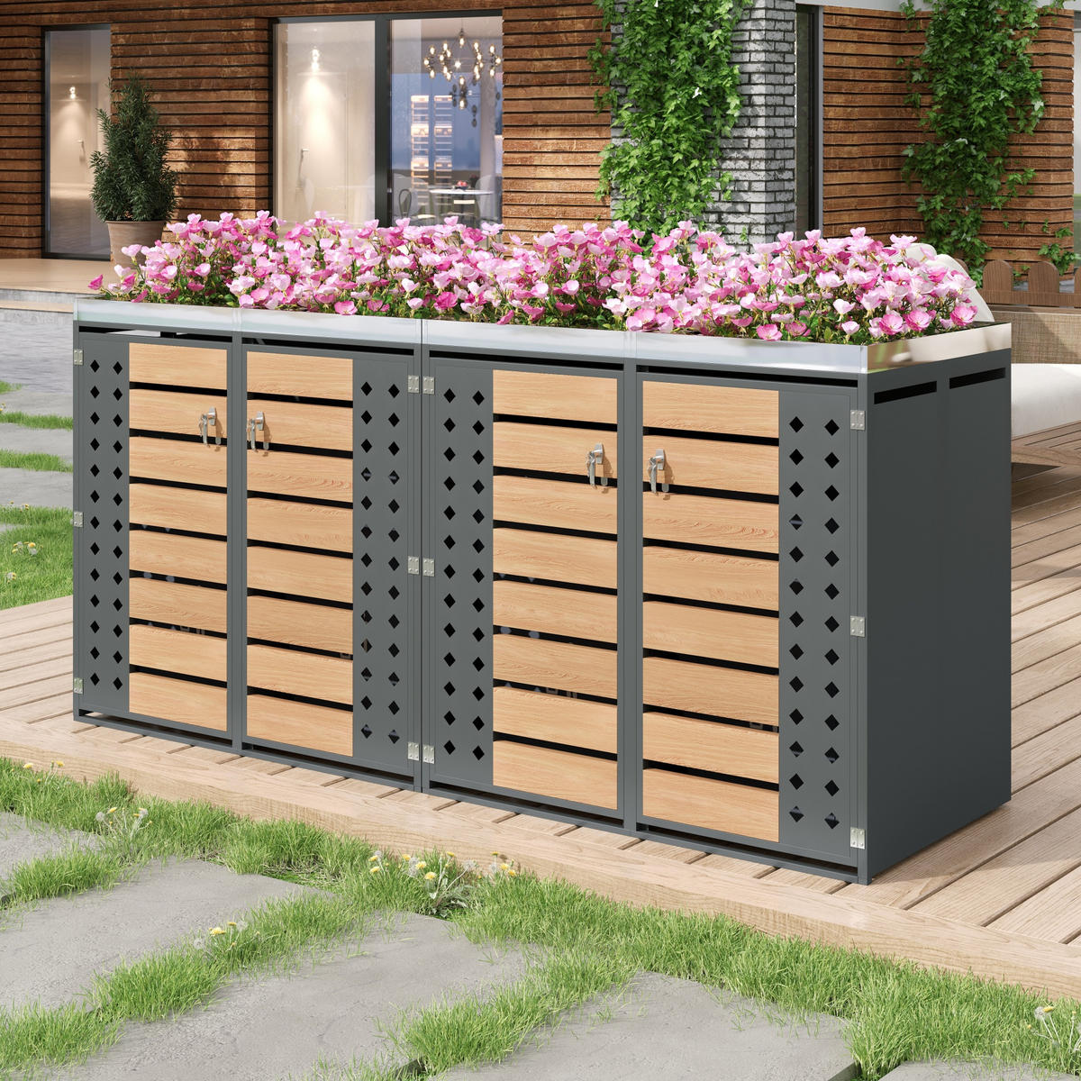MÜLLTONNENBOX aus verzinktem Stahl in Grau/Holzoptik mit Pflanzkasten & 4 Türen 264x80x124,5 cm - Grau, Metall (264/124.5/80cm) - Modfu