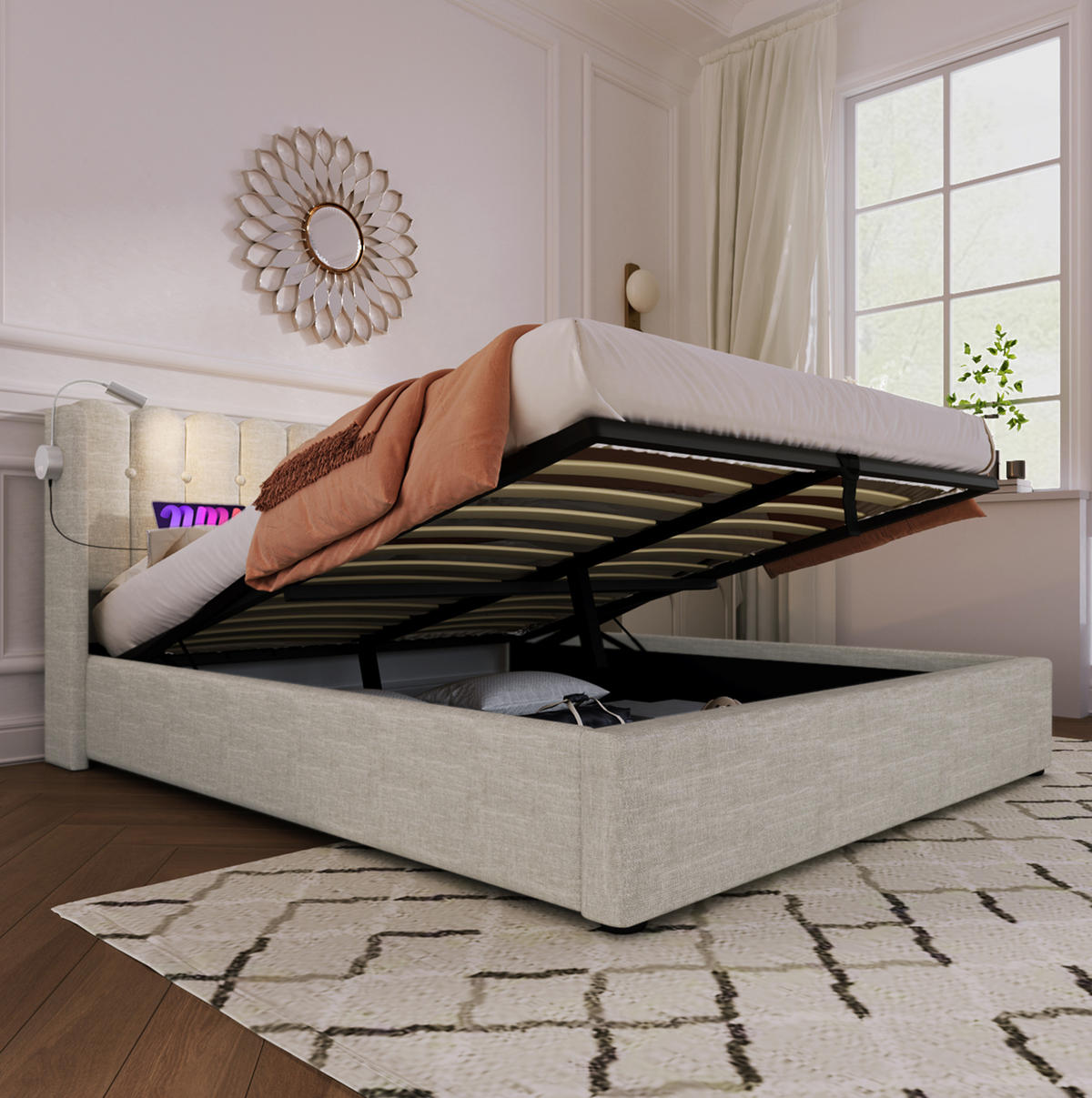 POLSTERBETT mit Bettkasten 140x200 cm Leinen Beige USB & Leselicht - Beige, Metall (140/200cm) - Meubliv