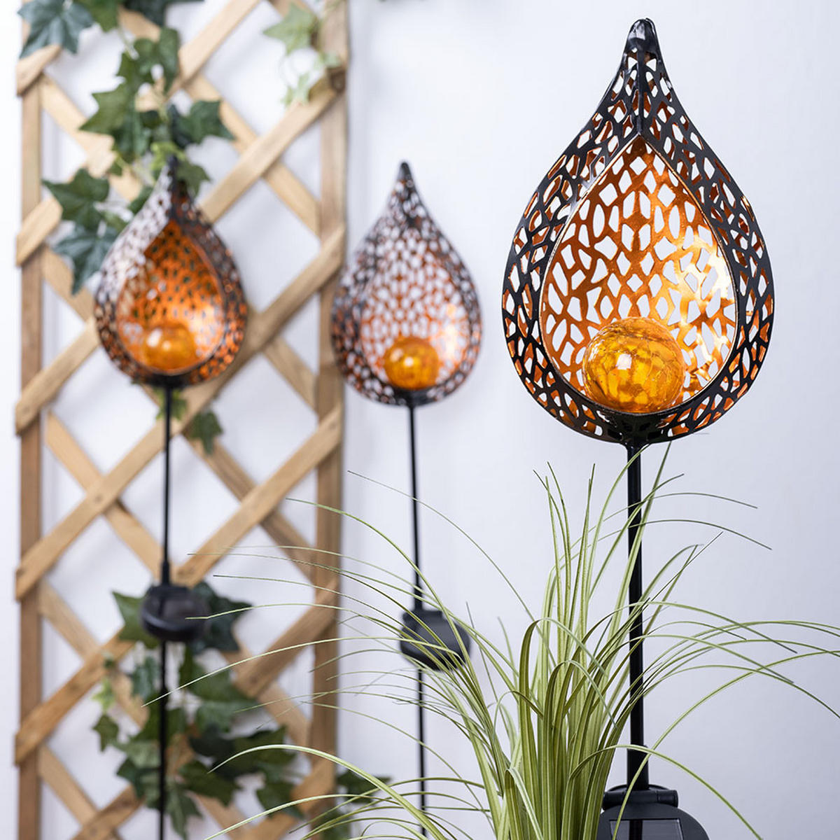 LED AUSSENLEUCHTE Solar Steckleuchte schwarz-gold 3er Set - Multicolor, Glas (16/7/90cm)