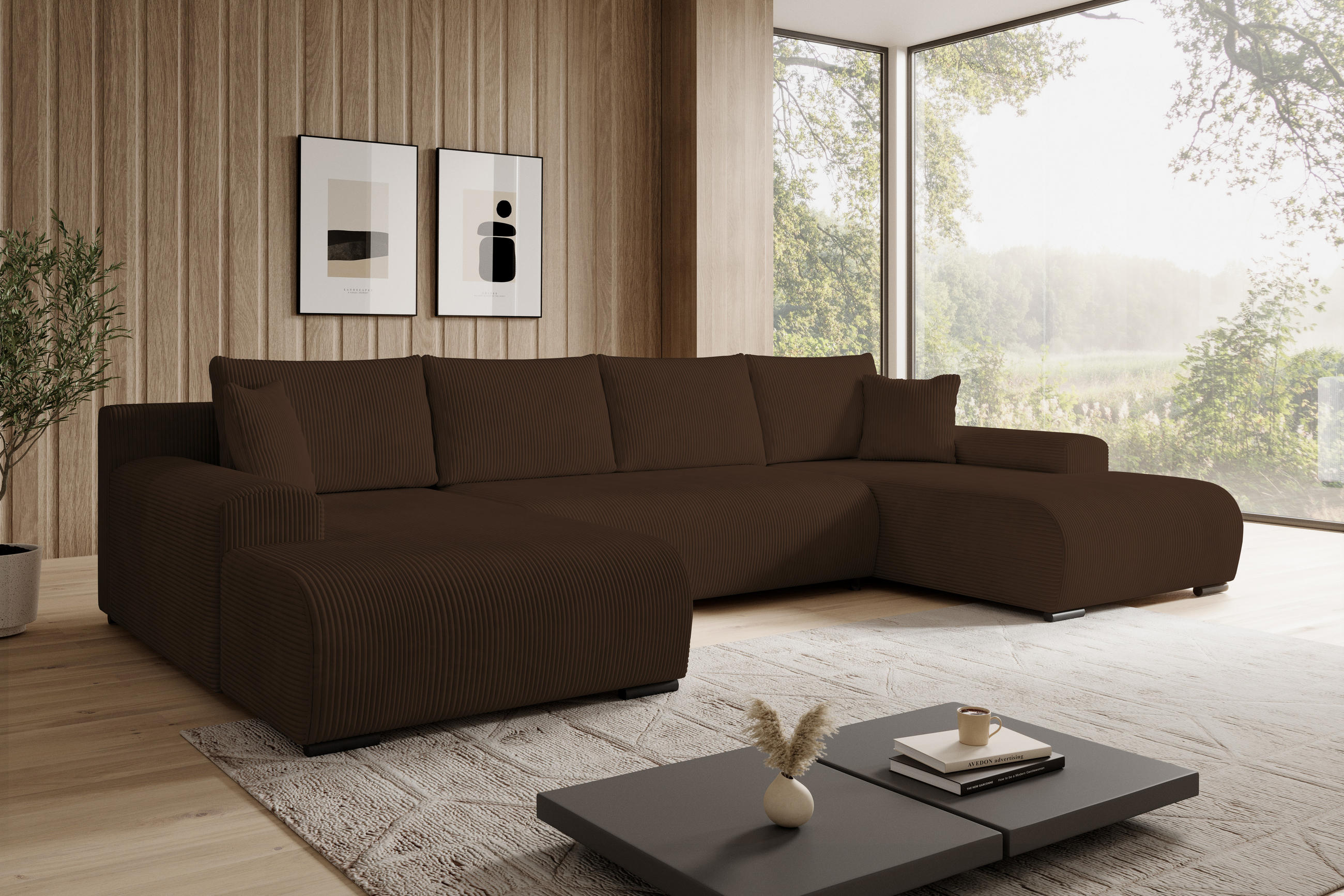 WOHNLANDSCHAFT Nelly U mit Bettkasten und Schlaffunktion, Cordstoff in U-Form - Braun, Textil (349/80/185cm)