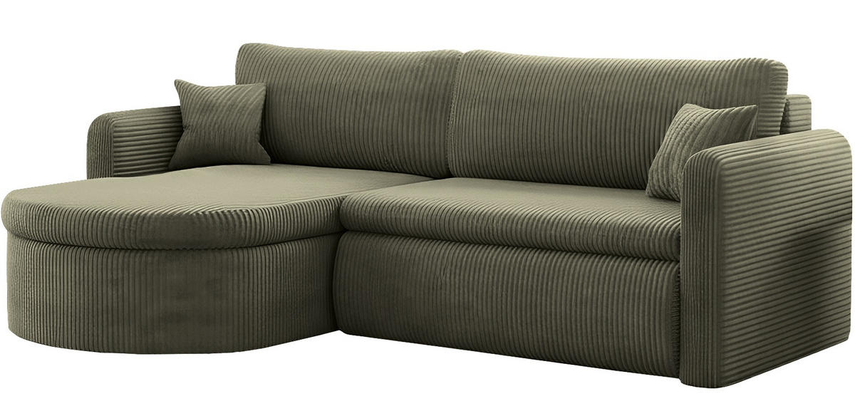 ECKSOFA Cora mit Schlaffunktion & Stauraum, Universell Rechts/Links, Olivgrün Cord Chenille 260/82/160 cm - Schwarz/Grün, Kunststoff/Textil (250/160cm) - WFL GROUP